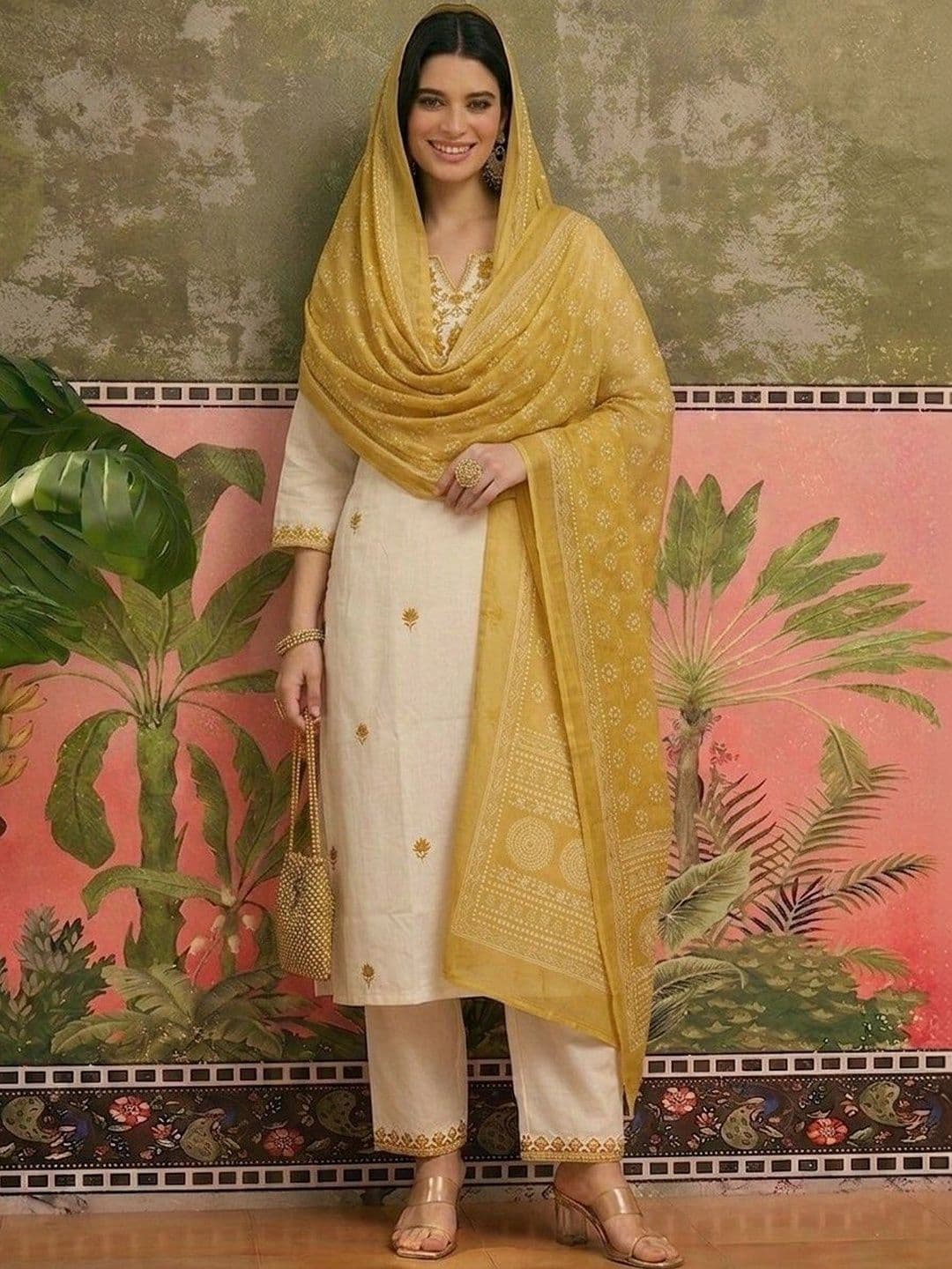 Sangria Embroidered Pure Cotton Round Neck Kurta & Trousers With Dupatta thumbnail 4
