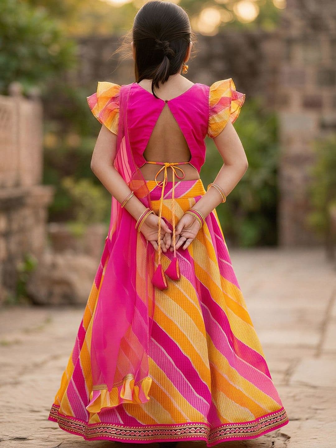 Pspeaches Girls Red Kota Lehenga Fuchsia Silk Choli Dupatta Set thumbnail 4