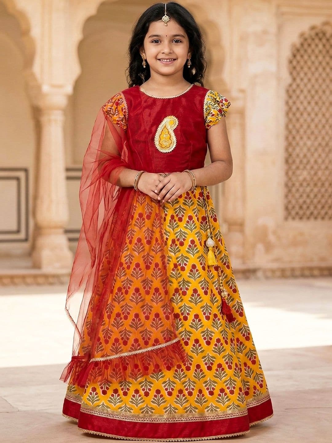 Pspeaches Red & Yellow Floral Print Flared Cotton Lehengha & Silk Choli With Dupatta - view 1