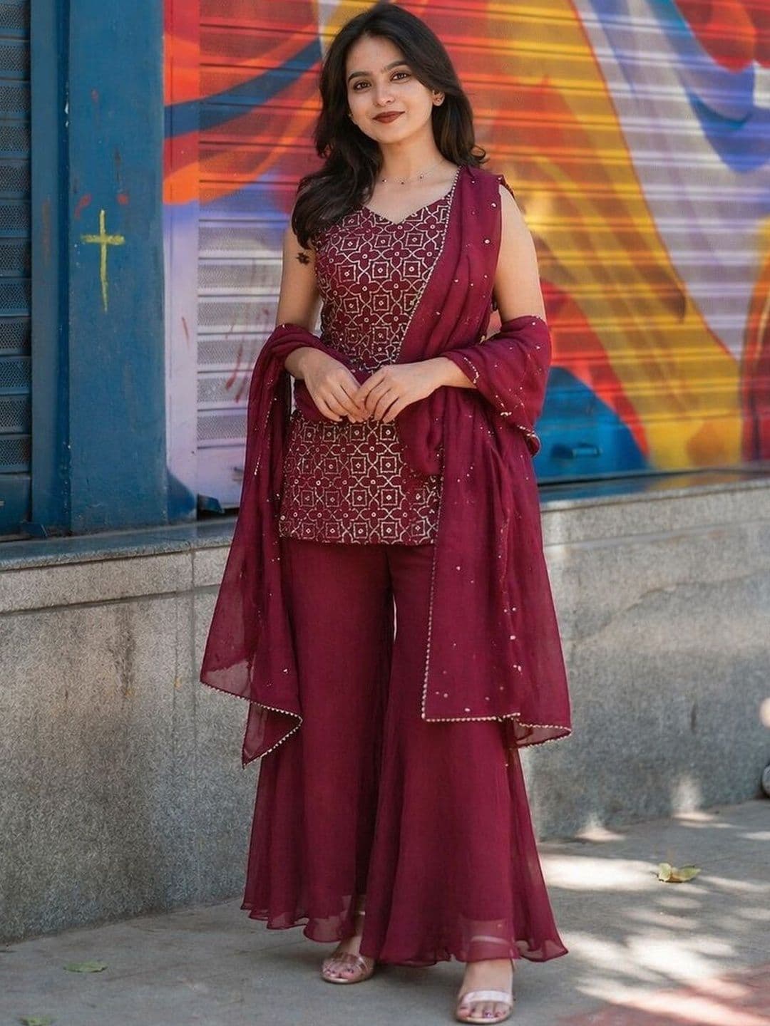 AKSHARAM Women Ethnic Motifs Embroidered Regular Sequinned Silk Georgette Kurta with Sharara & With Dupatta - view 1