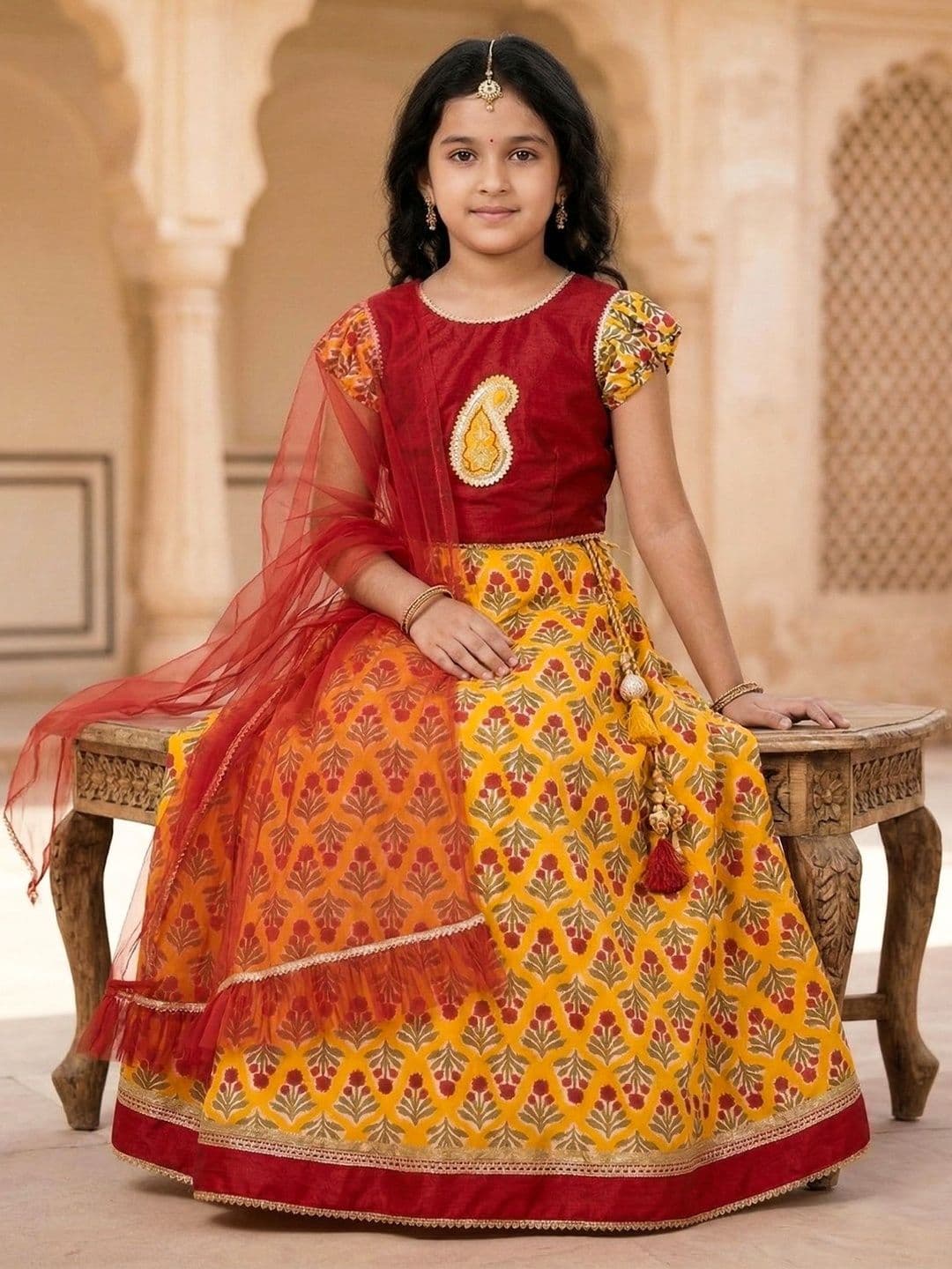 Pspeaches Red & Yellow Floral Print Flared Cotton Lehengha & Silk Choli With Dupatta thumbnail 3