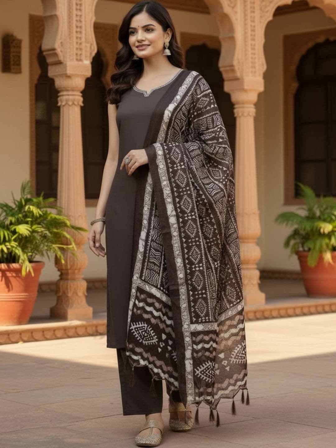 BrownEra Women Ethnic Motifs Regular Thread Work Pure Cotton Kurta with Trousers & With Dupatta thumbnail 4