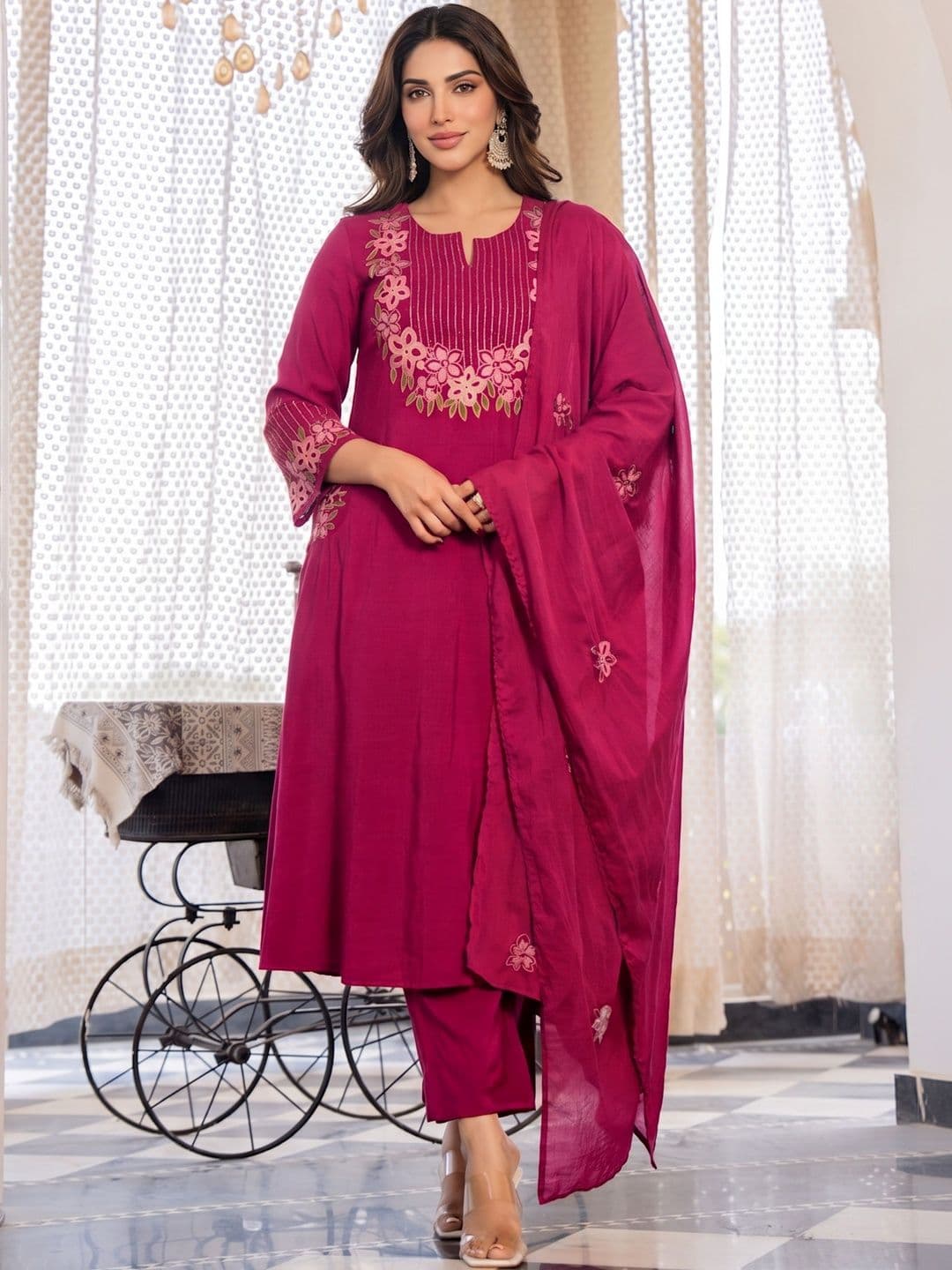 Royal Export Women Ethnic Motifs Embroidered Regular Thread Work Kurta with Trousers & With Dupatta - view 1