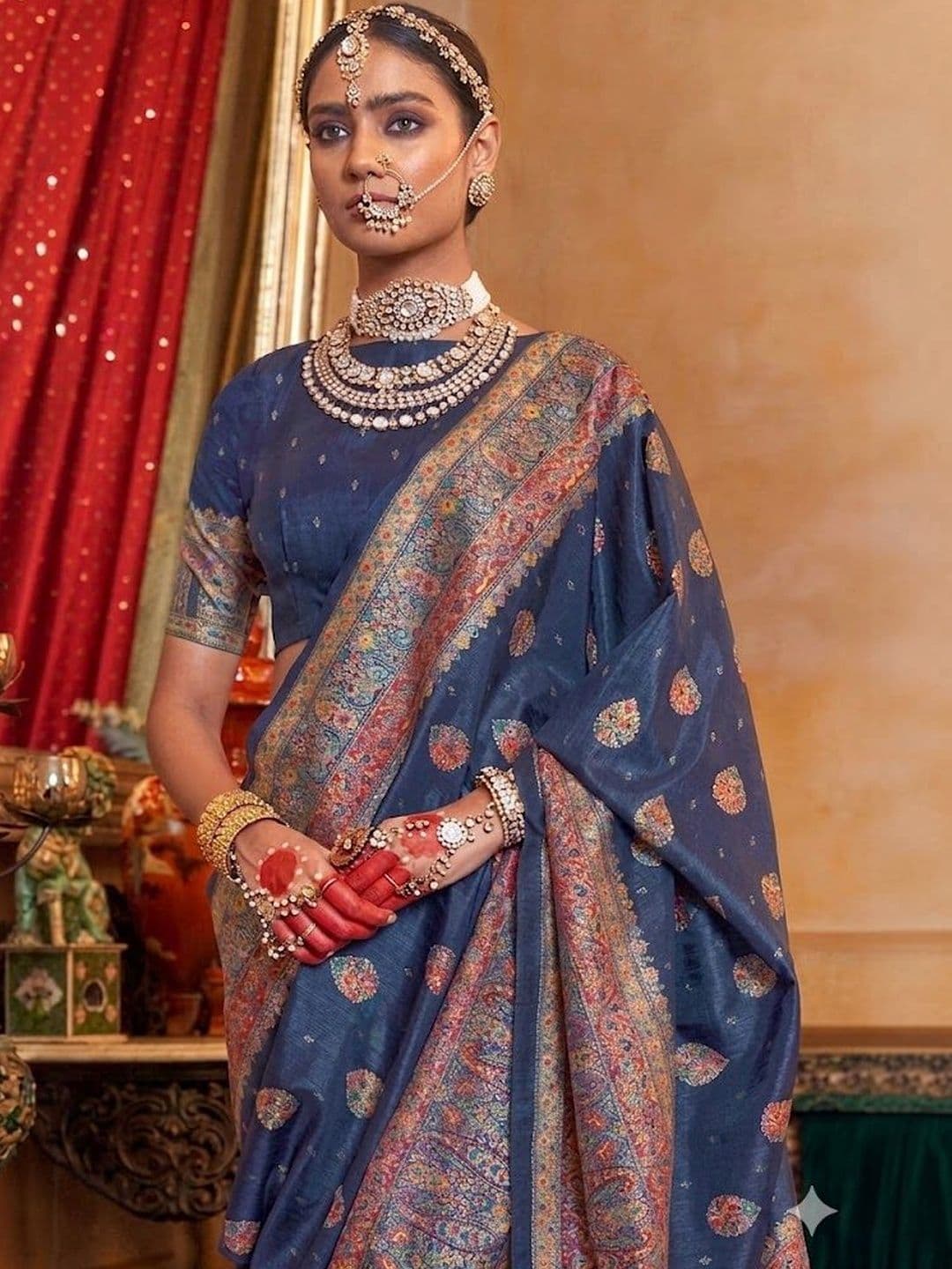 KALINI Woven Design Zari Heavy Work Block Print Saree thumbnail 4