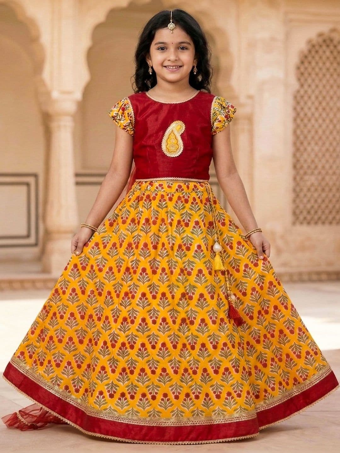 Pspeaches Girls Red And Yellow Floral Cotton Lehenga Silk Choli Dupatta Set thumbnail 5
