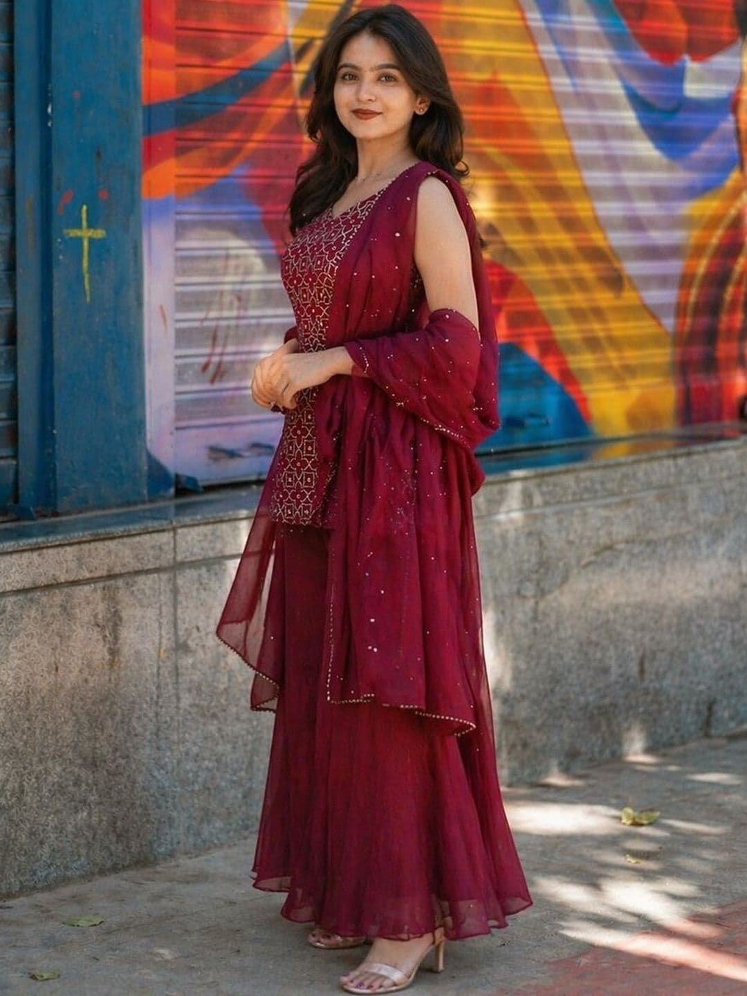 AKSHARAM Women Ethnic Motifs Embroidered Regular Sequinned Silk Georgette Kurta with Sharara & With Dupatta thumbnail 4