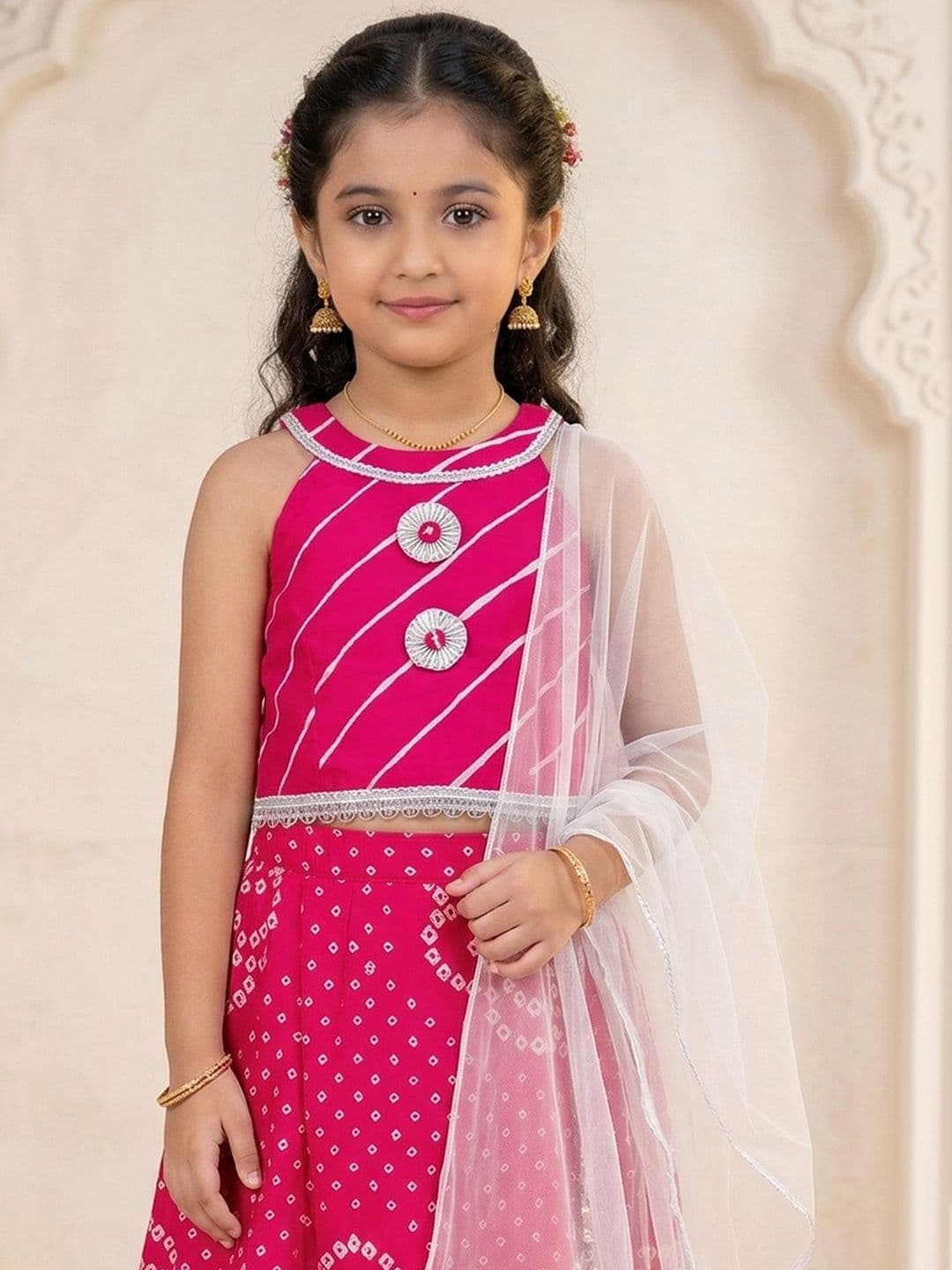 Pspeaches Girls Magenta Bandhani Cotton Lehenga Choli Dupatta Set thumbnail 4