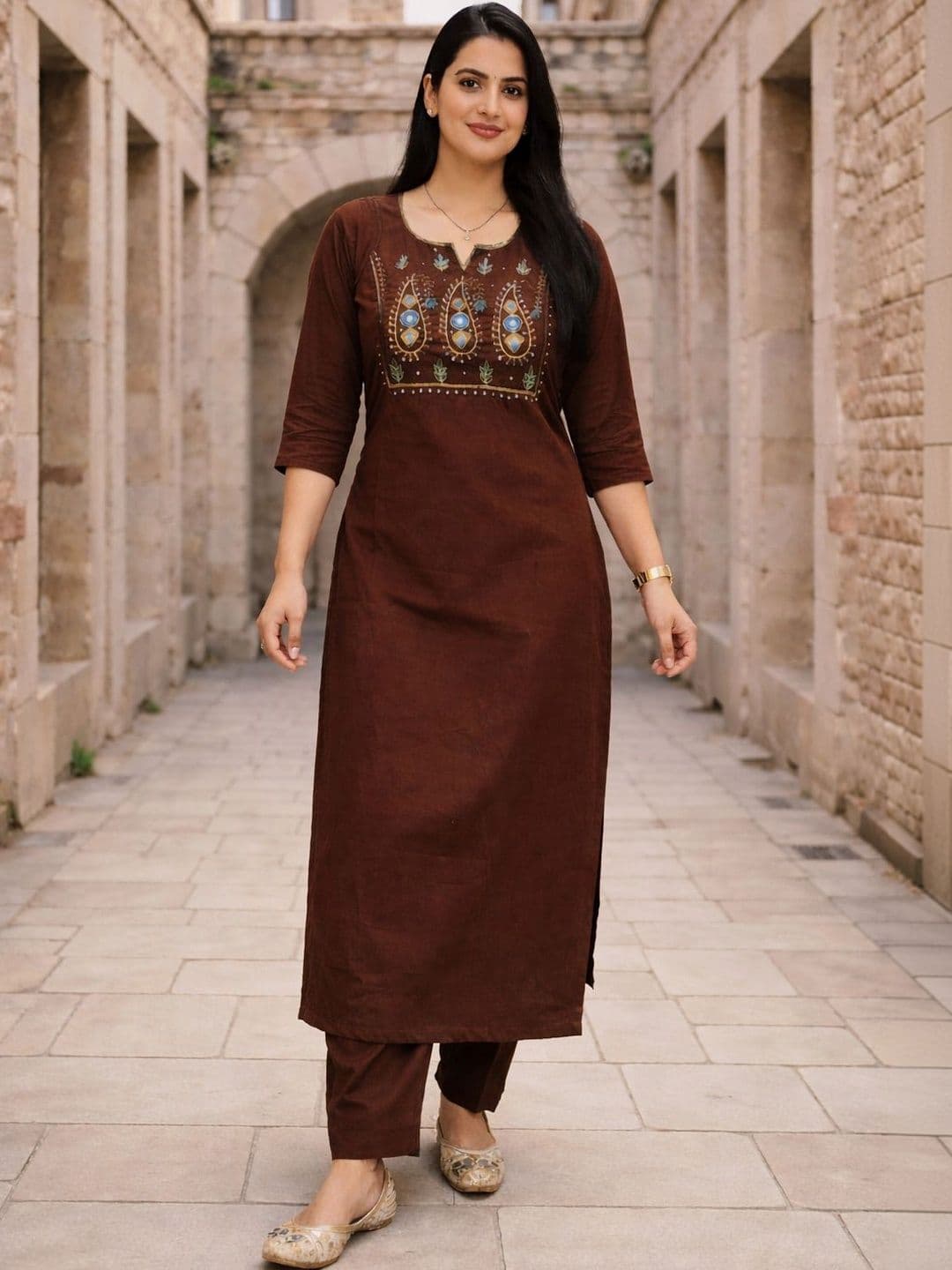 HERE&NOW Women Ethnic Motifs Embroidered Regular Thread Work Pure Cotton Kurta with Trousers & With Dupatta thumbnail 2