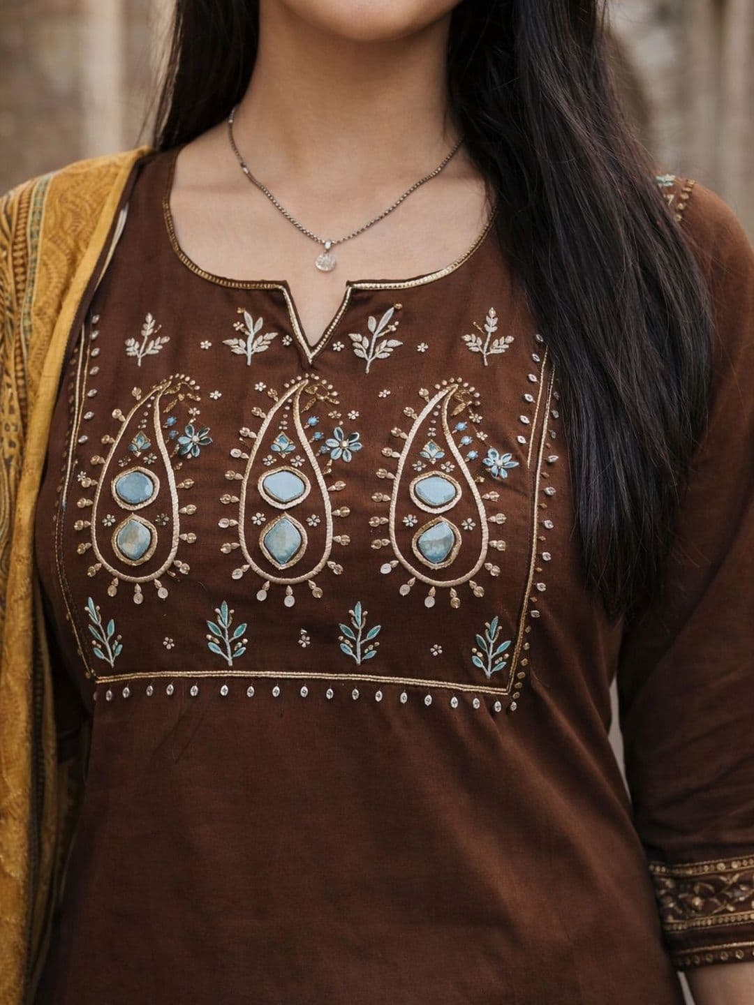 HERE&NOW Women Ethnic Motifs Embroidered Regular Thread Work Pure Cotton Kurta with Trousers & With Dupatta thumbnail 5