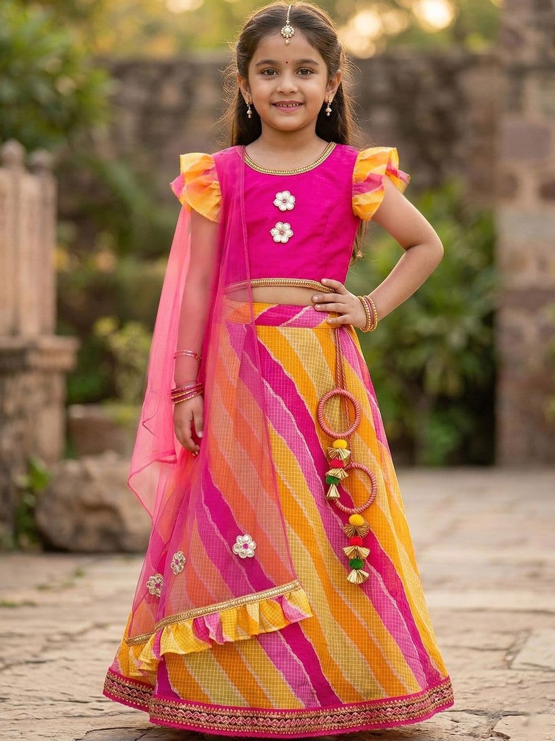 Pspeaches Girls Red Kota Lehenga Fuchsia Silk Choli Dupatta Set - view 1