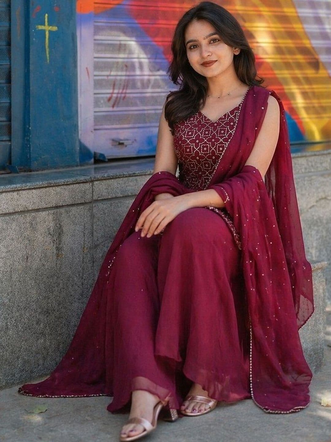 AKSHARAM Women Ethnic Motifs Embroidered Regular Sequinned Silk Georgette Kurta with Sharara & With Dupatta thumbnail 3