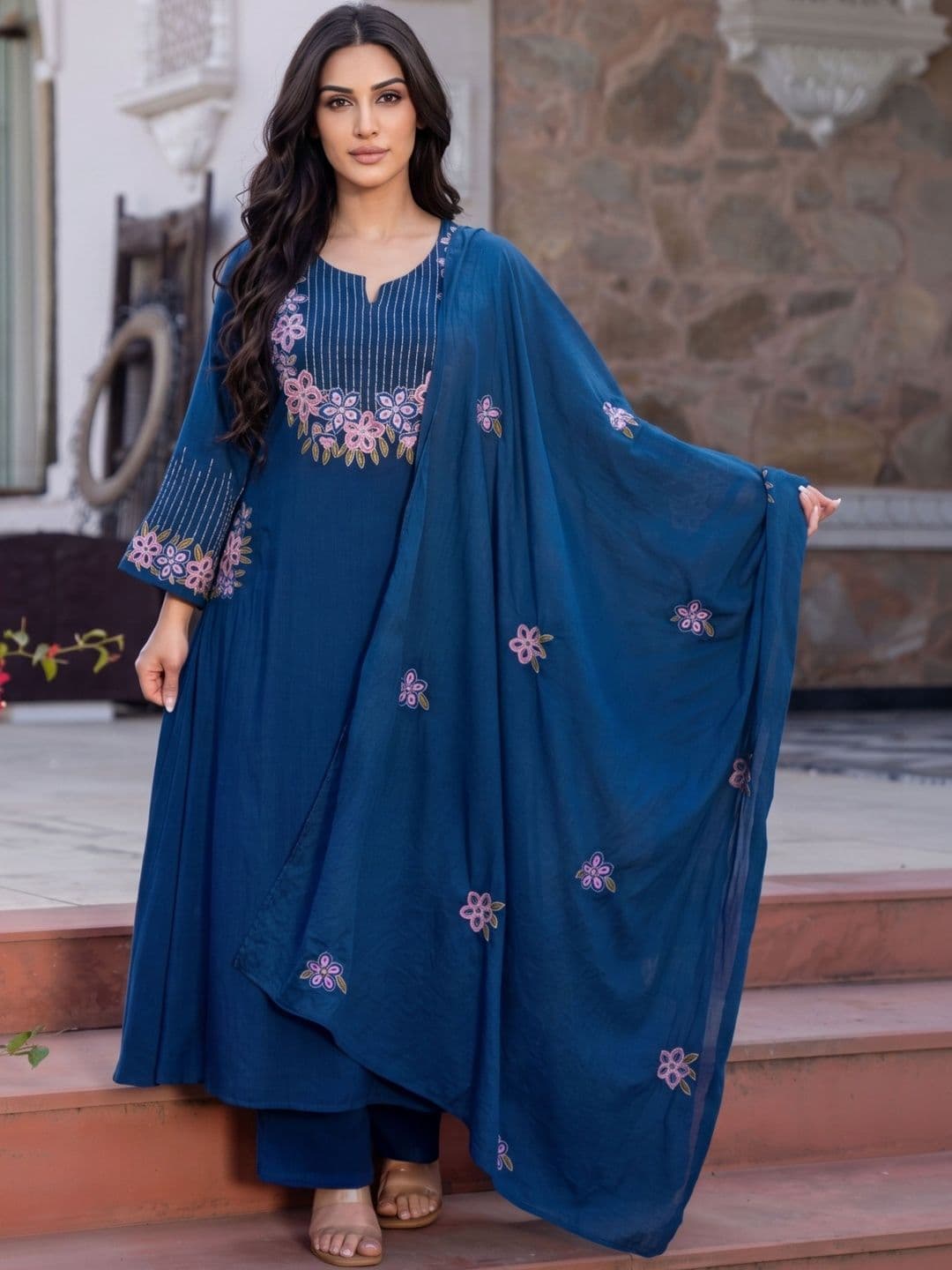 Royal Export Women Floral Embroidered Tiered Thread Work Kurta with Trousers & Dupatta thumbnail 6