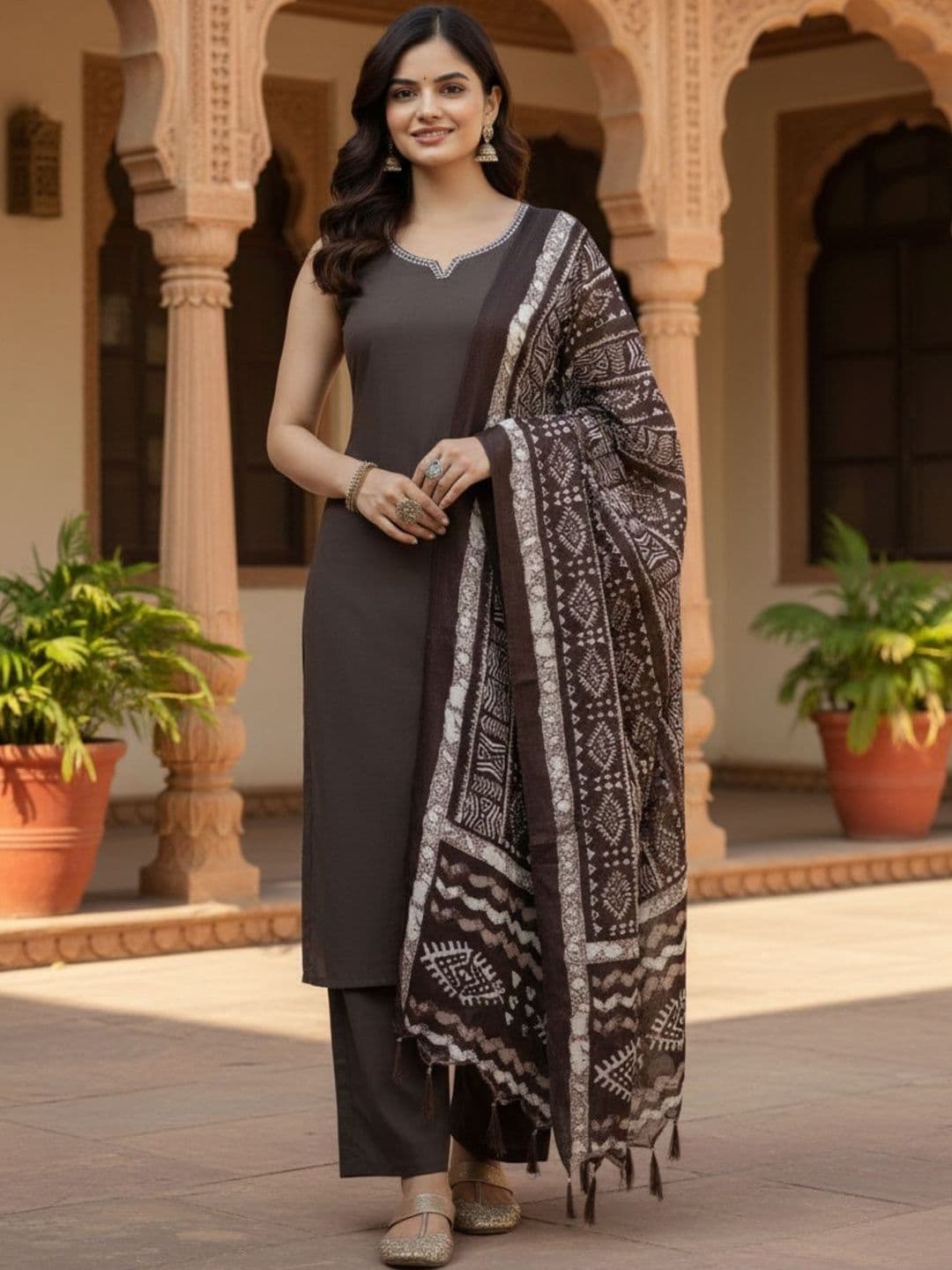 BrownEra Women Ethnic Motifs Regular Thread Work Pure Cotton Kurta with Trousers & With Dupatta - view 1