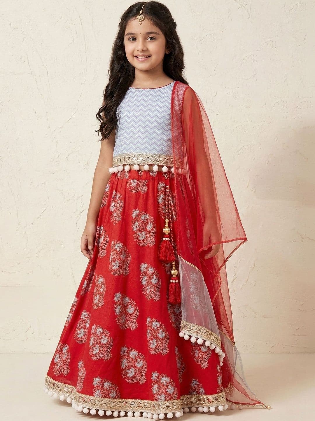 Pspeaches Girls Sky Blue And Red Motif Cotton Lehenga Choli Dupatta Set thumbnail 5