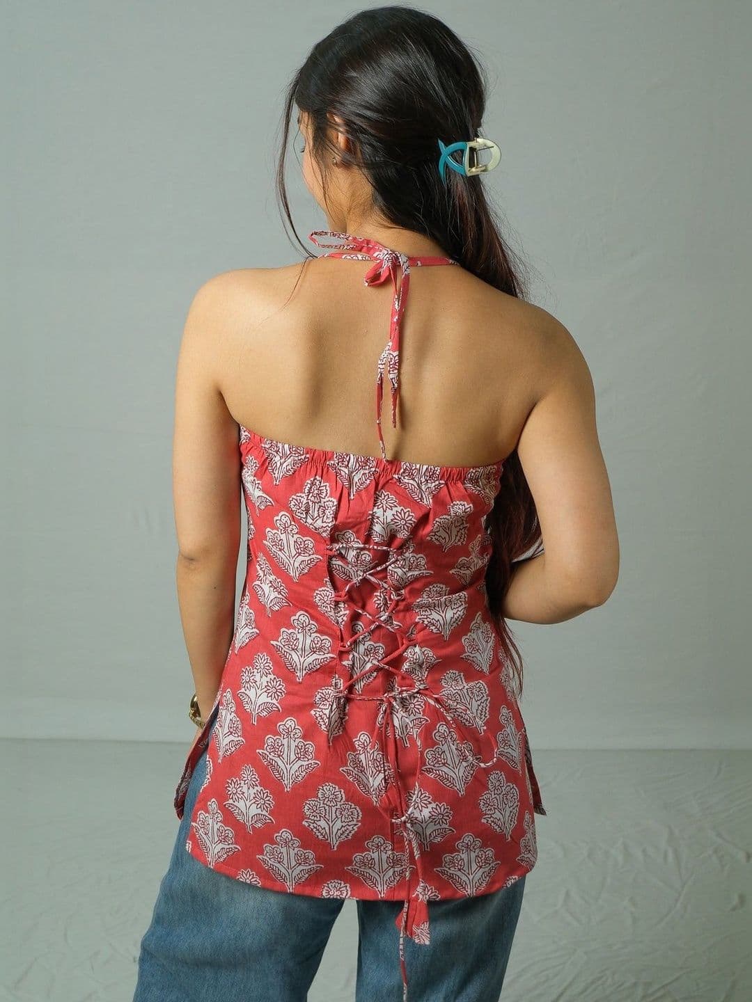 KSAMA Ethnic Motifs Printed Halter Neck Pure Cotton Kurti thumbnail 3