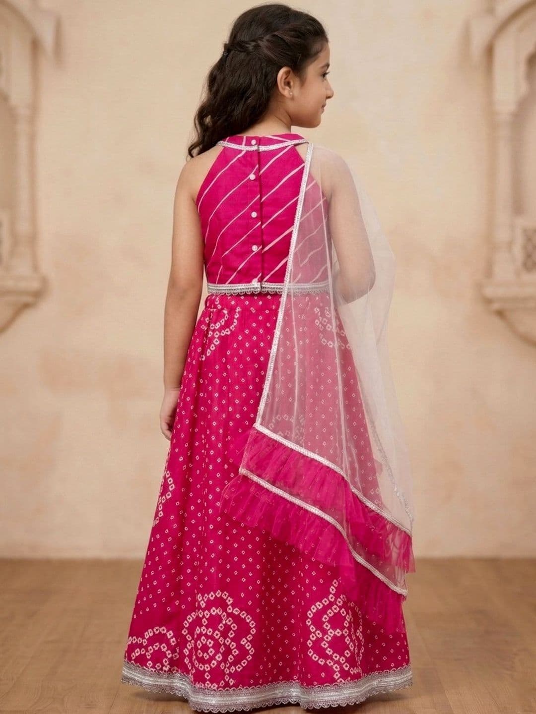 Pspeaches Girls Magenta Bandhani Cotton Lehenga Choli Dupatta Set thumbnail 2
