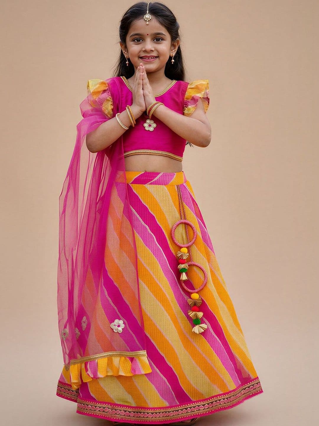 Pspeaches Girls Red Kota Lehenga Fuchsia Silk Choli Dupatta Set thumbnail 2