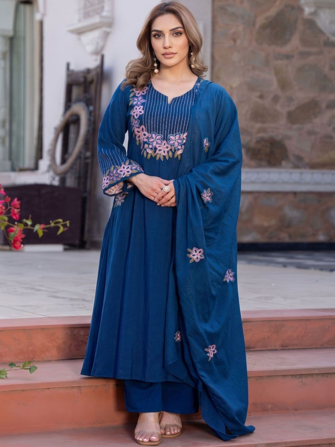 Royal Export Women Floral Embroidered Tiered Thread Work Kurta with Trousers & Dupatta - view 1