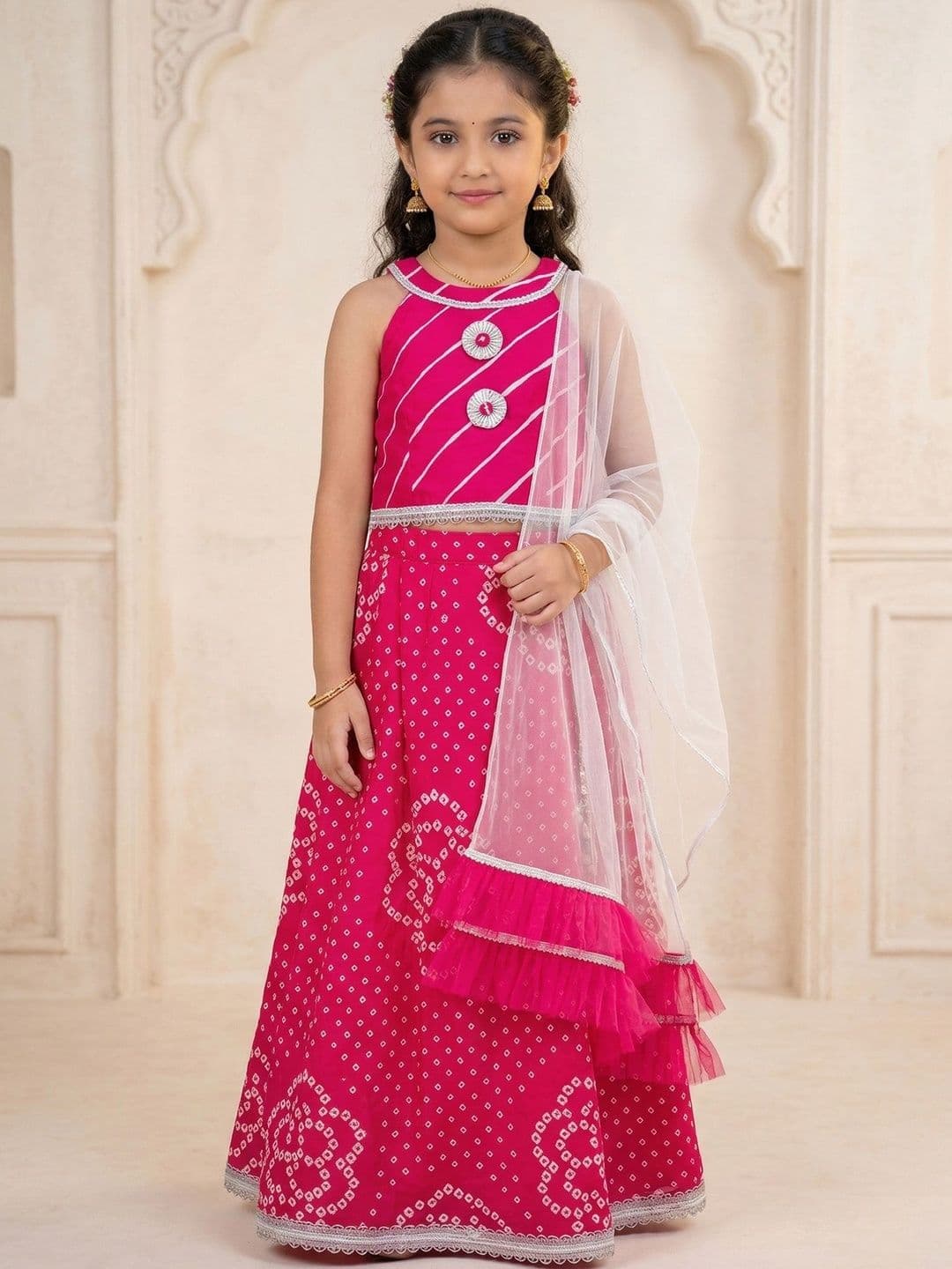 Pspeaches Girls Magenta Bandhani Cotton Lehenga Choli Dupatta Set - view 1