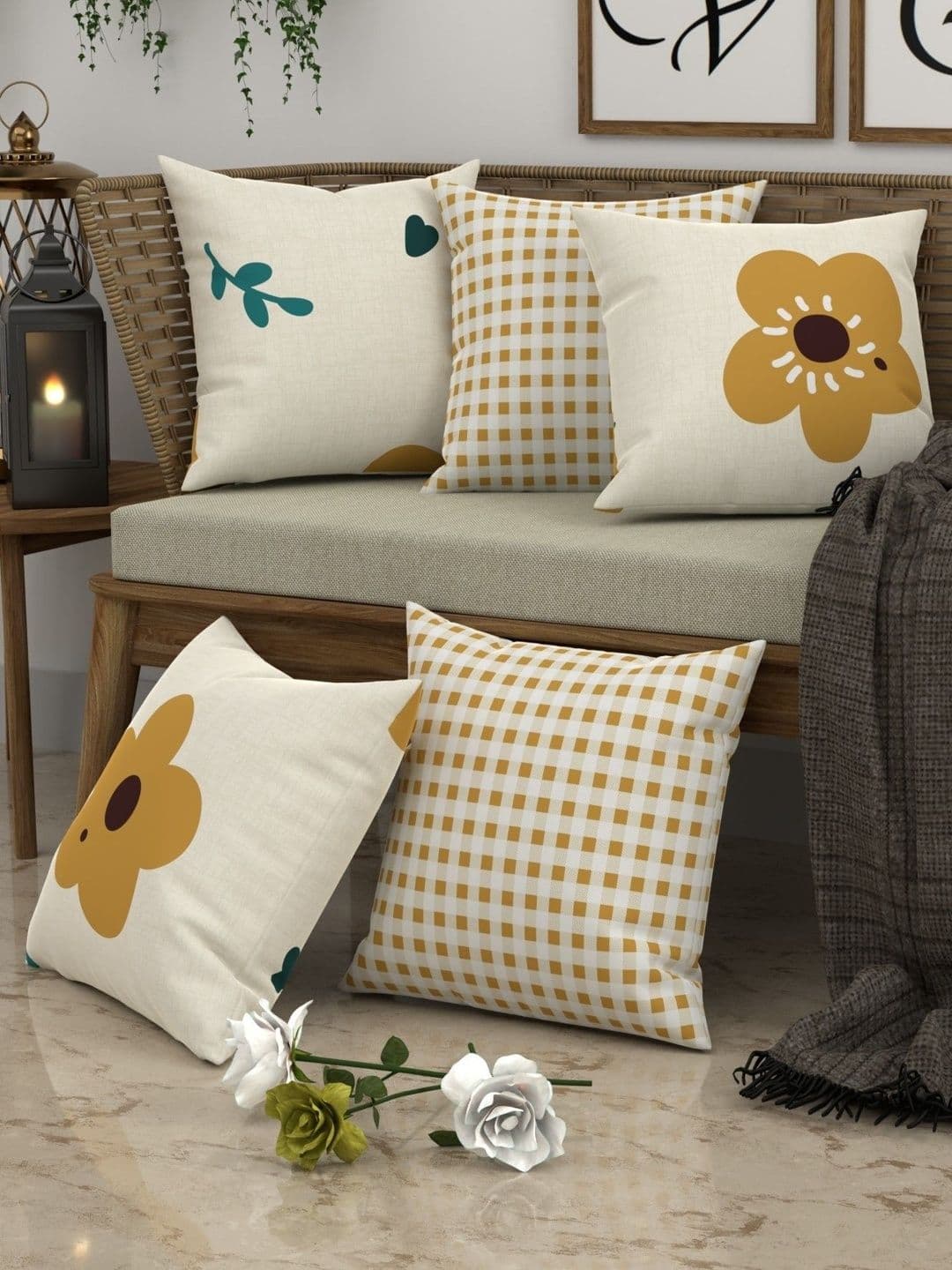 CHHAVI INDIA Yellow & White Set of 5 Floral Square Cushion Covers thumbnail 4