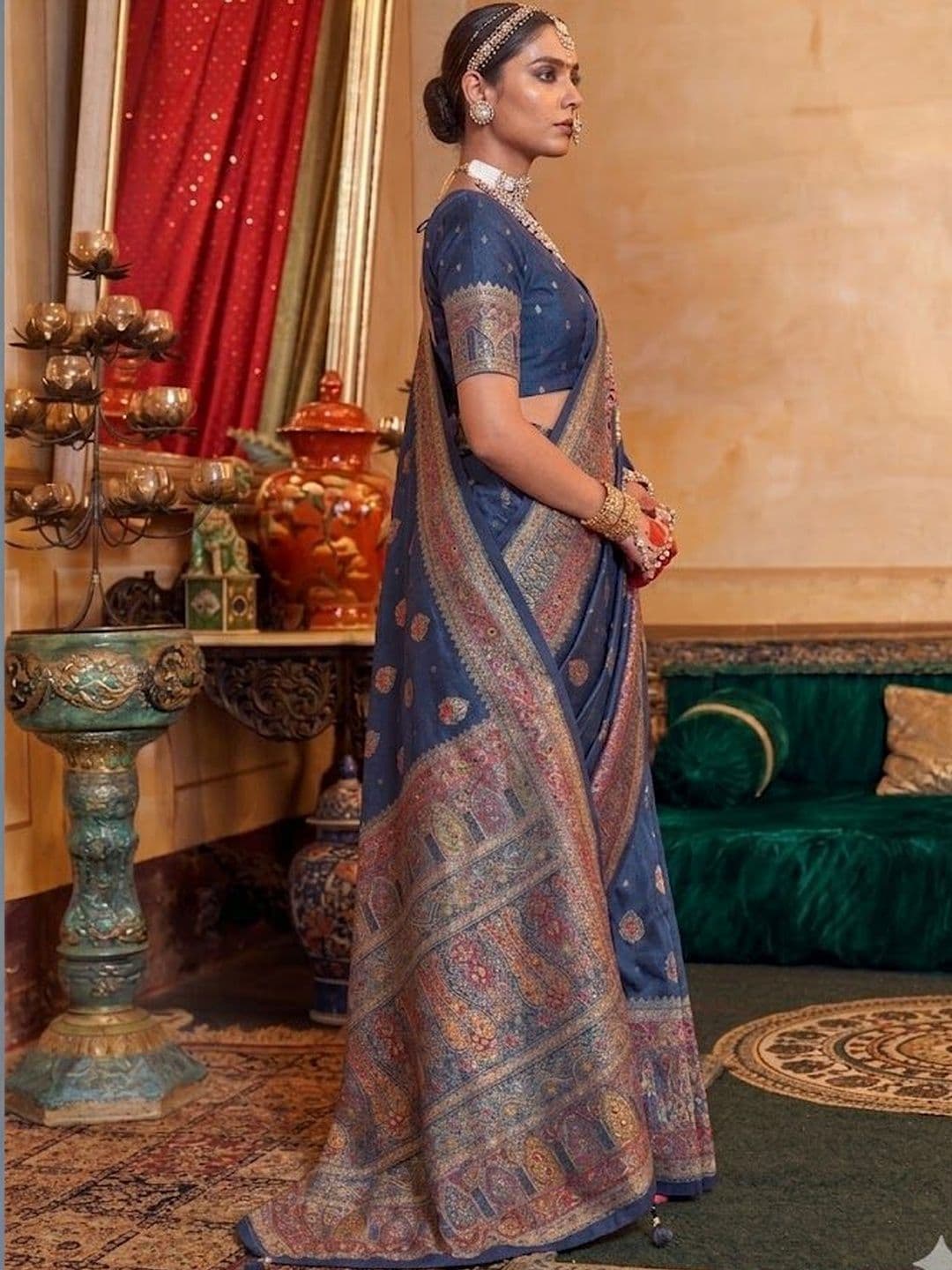 KALINI Woven Design Zari Heavy Work Block Print Saree thumbnail 2