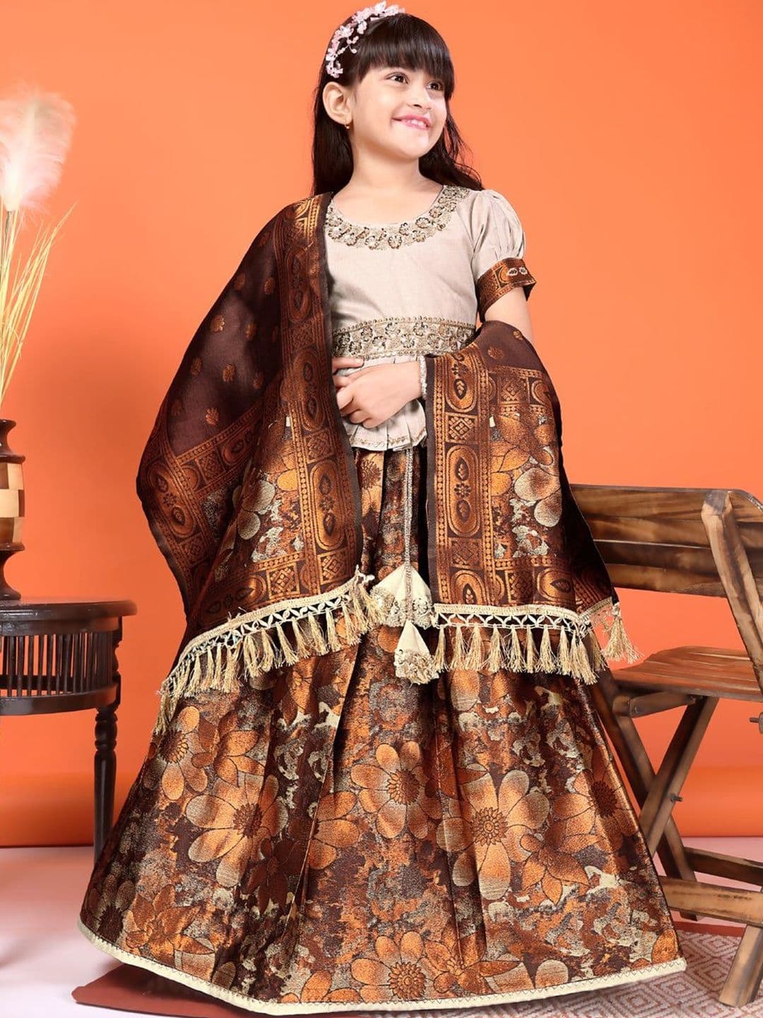 KALINI Girls Sequinned Ready to Wear Lehenga & Blouse With Dupatta - view 1