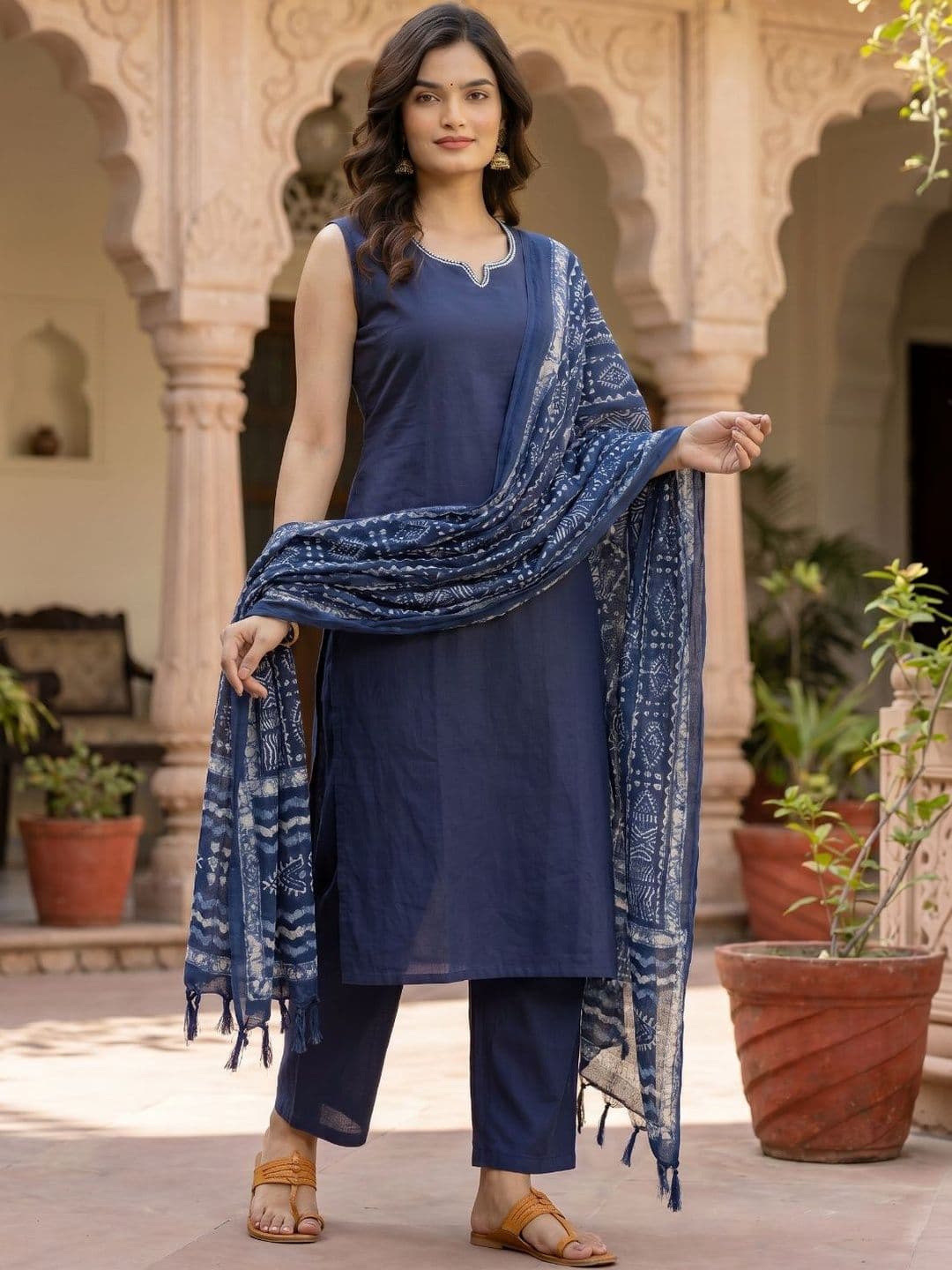 ANTARMANA FASHIONS Women Ethnic Motifs Regular Thread Work Pure Cotton Kurta with Trousers & With Dupatta thumbnail 2