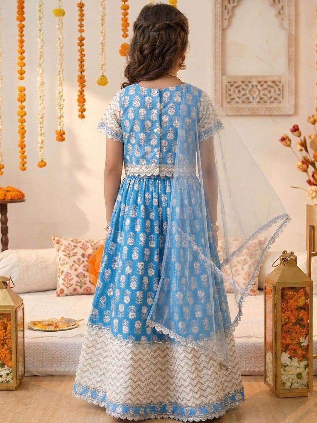 Pspeaches Girls Sky Blue Foil Cotton Lehenga Choli Dupatta Set thumbnail 3