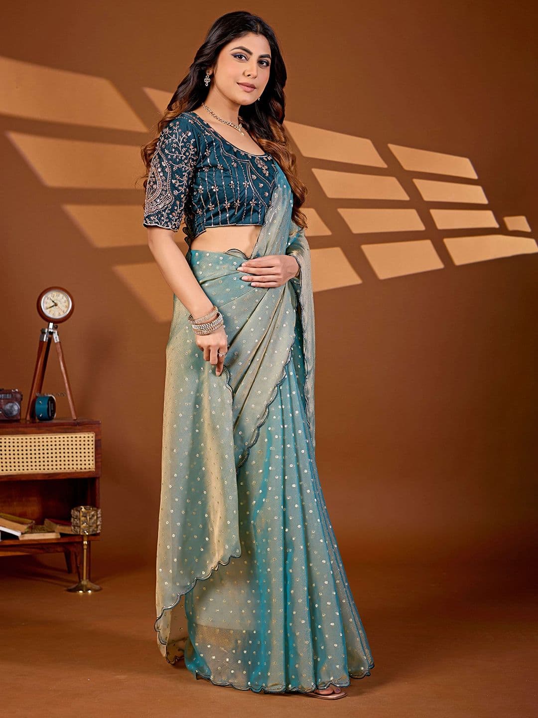 K 5 Fashion Embellished Sequinned Heavy Work Ikat Saree thumbnail 5