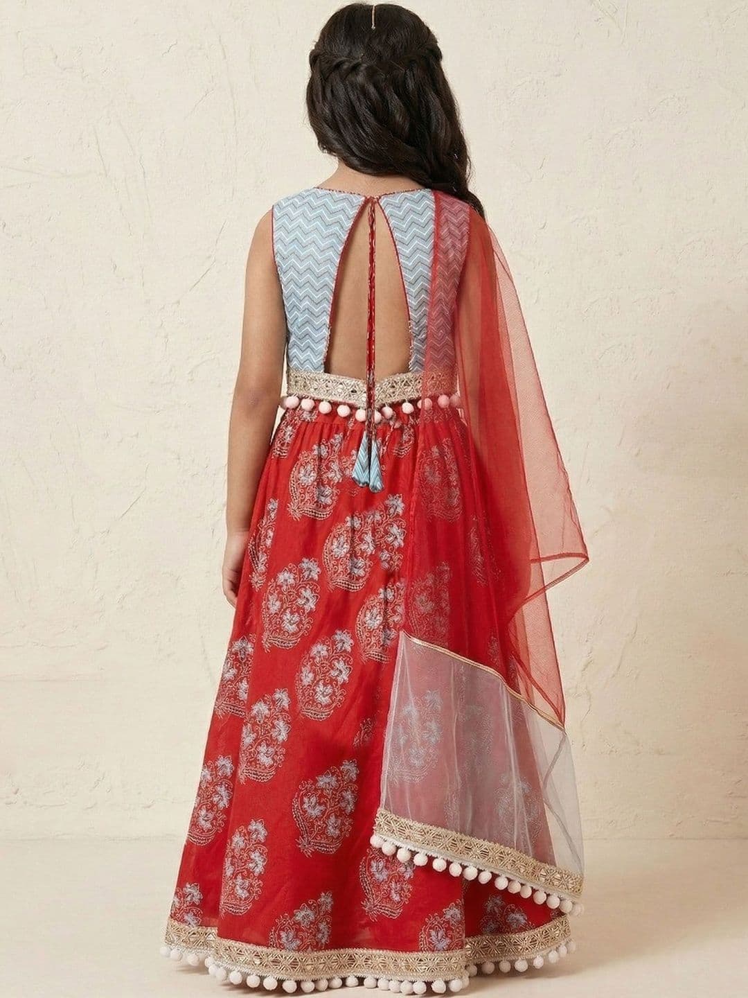 Pspeaches Girls Sky Blue And Red Motif Cotton Lehenga Choli Dupatta Set thumbnail 2