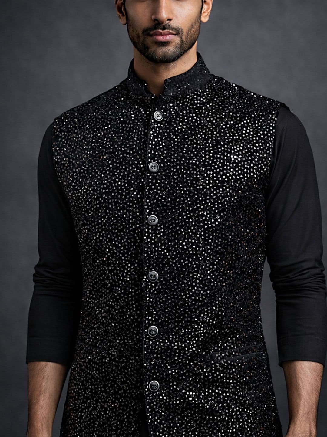 MODERN MUGHALS Embroidered Elegant Sequence Velevt Nehru Jacket thumbnail 6