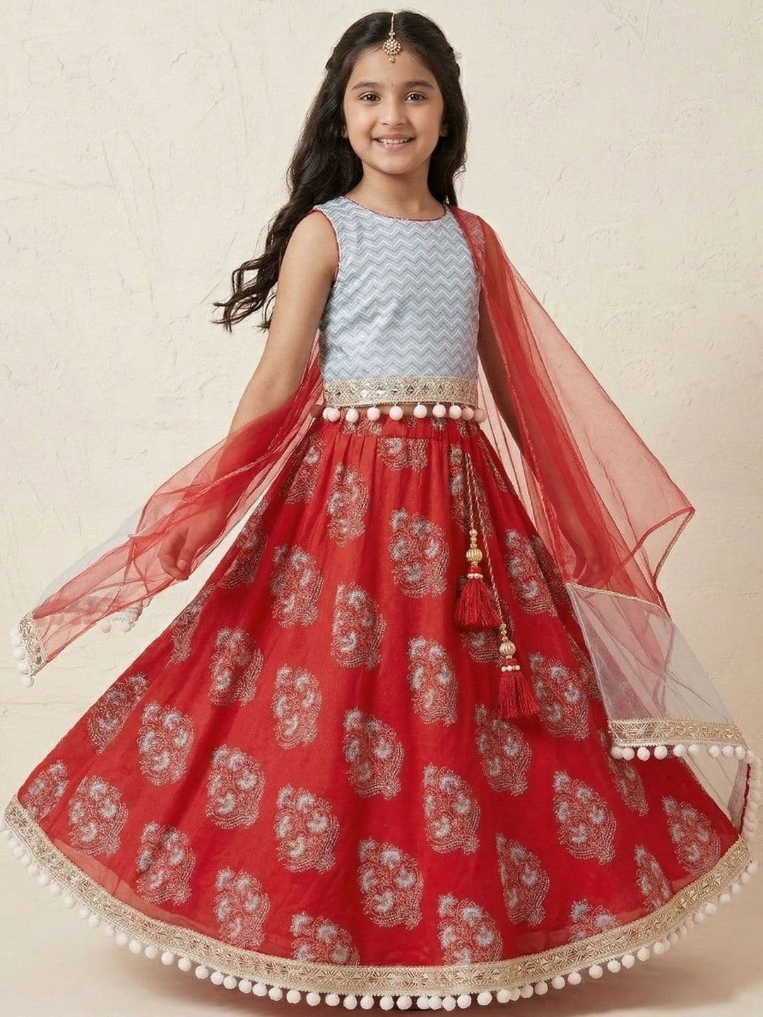 Pspeaches Girls Sky Blue And Red Motif Cotton Lehenga Choli Dupatta Set - view 1