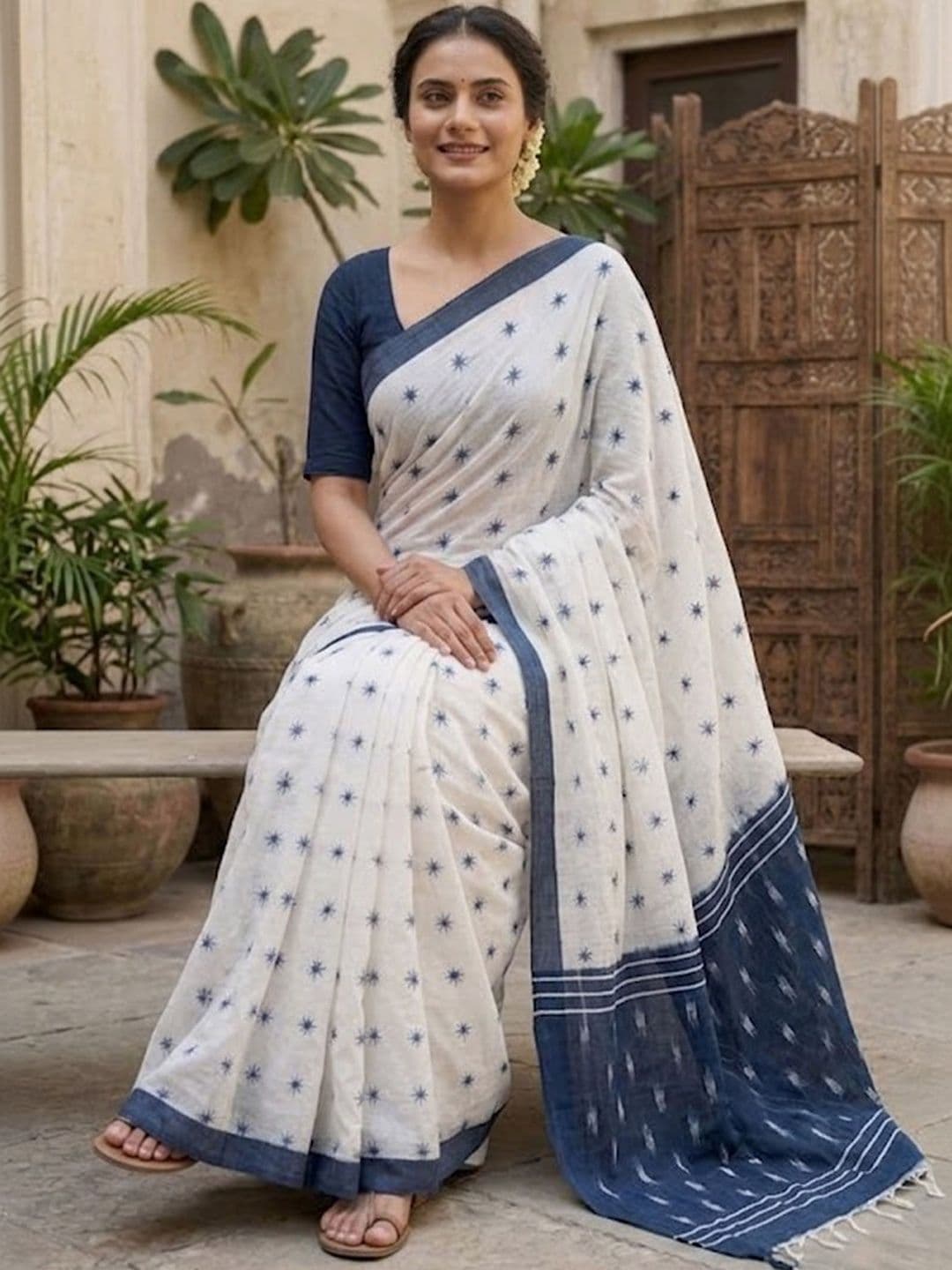 Sangria Printed Ikat Sarees with Blouse Piece thumbnail 3