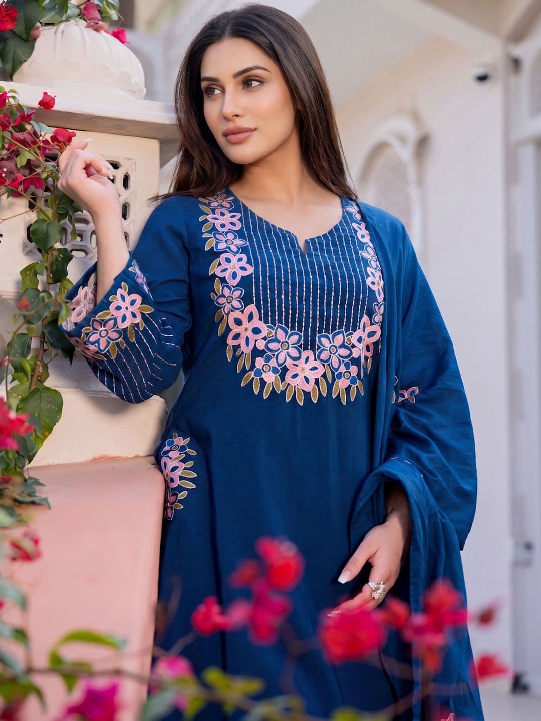 Royal Export Women Floral Embroidered Tiered Thread Work Kurta with Trousers & Dupatta thumbnail 7