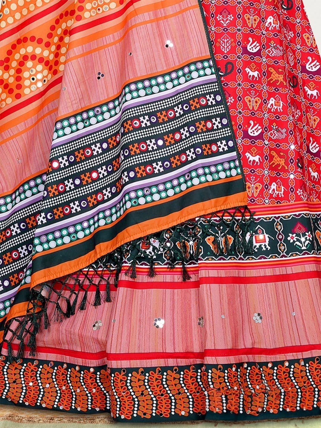 Shubh-Viyan Textiles Embroidered Mirror Work Block Print Semi-Stitched Lehenga & Blouse With Dupatta thumbnail 3