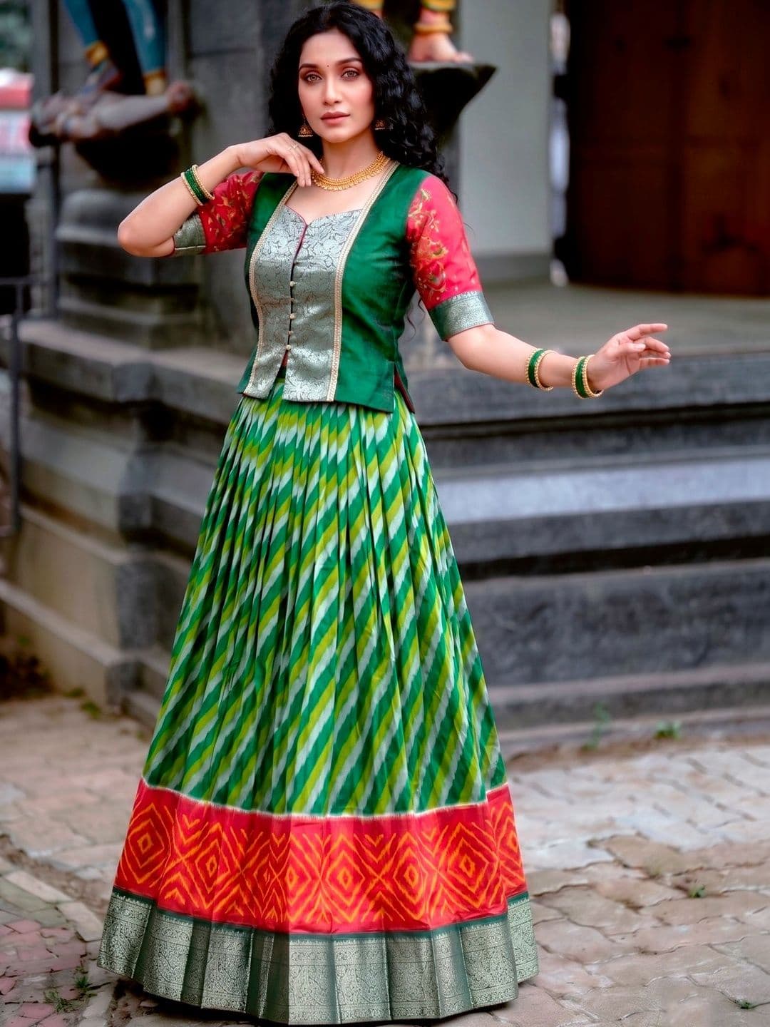 LOOKNBOOK ART Tasar Silk Leheriya Print Lehenga Choli with Rich Zari Weaving Work thumbnail 2