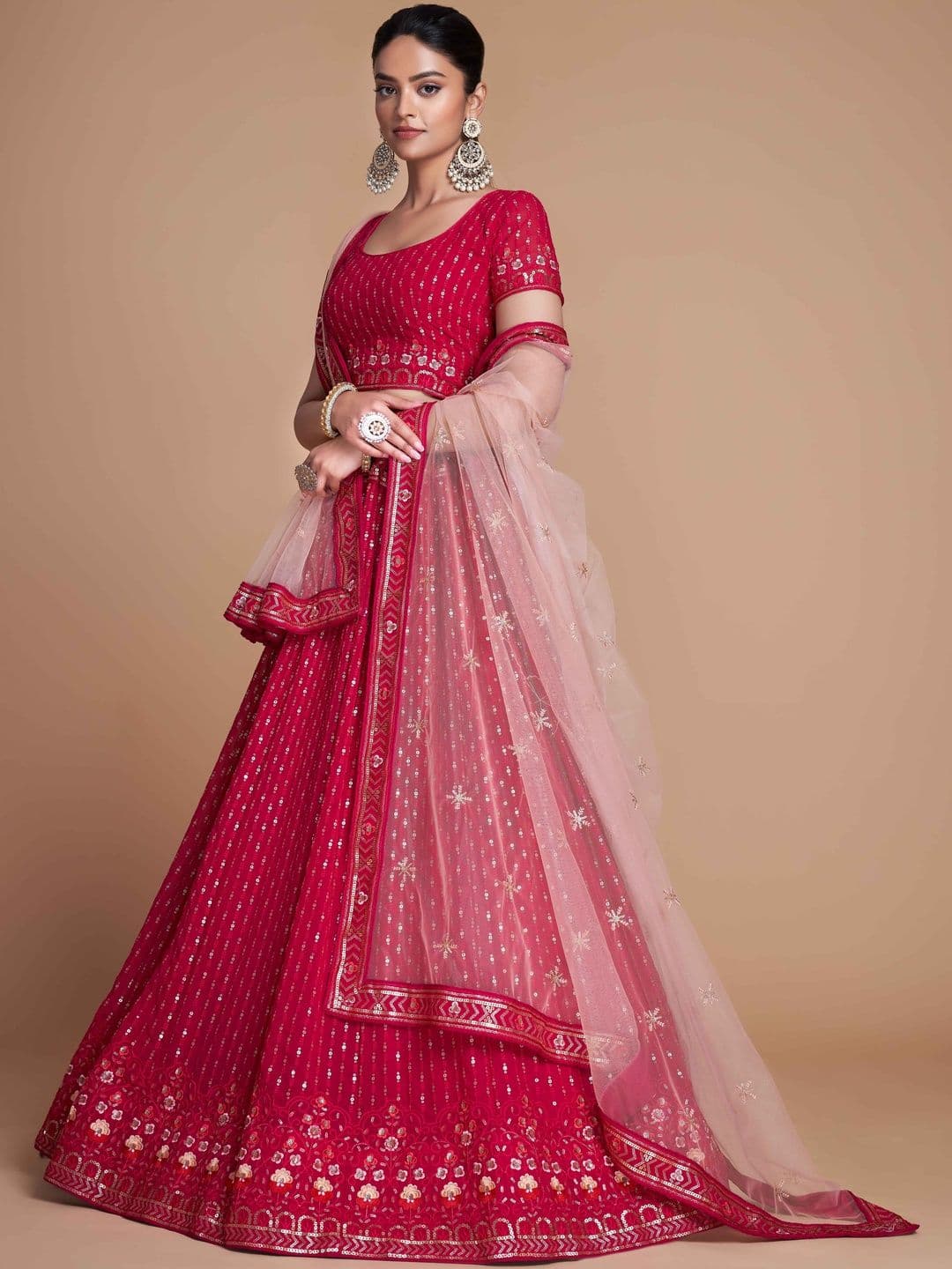 ETHNIC PLUS Embroidered Pink Embellished Sequinned net Semi-Stitched Lehenga & Blouse With Dupatta thumbnail 4