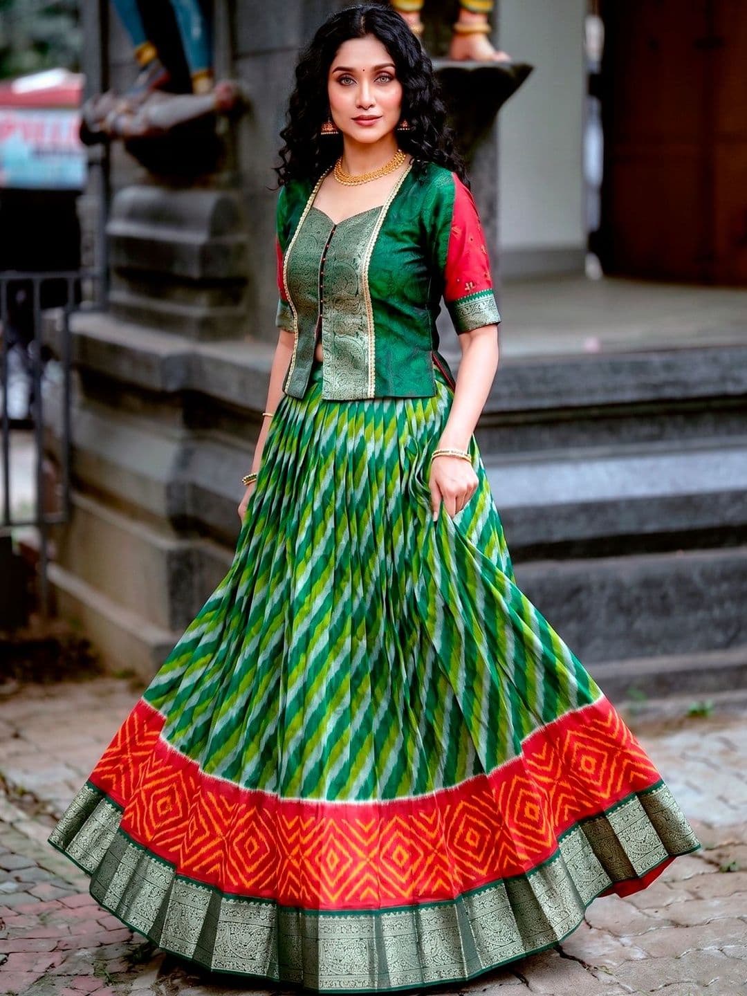 LOOKNBOOK ART Tasar Silk Leheriya Print Lehenga Choli with Rich Zari Weaving Work thumbnail 3