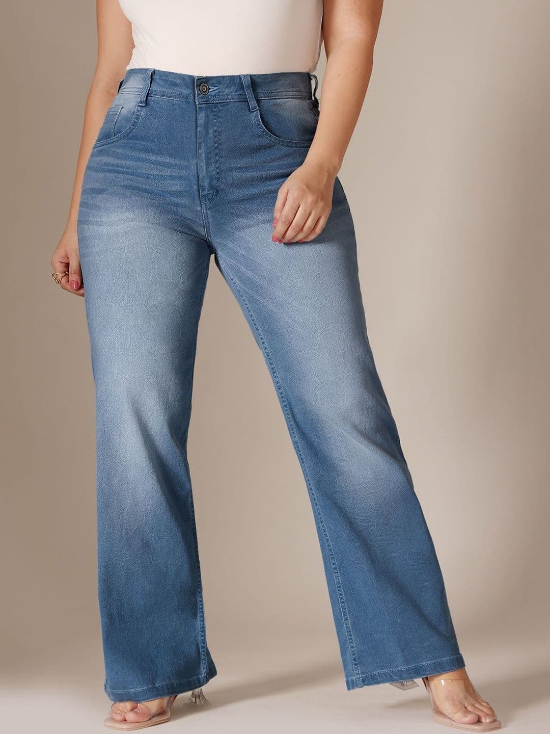 Miss Chase A+ Plus Size Women Wide-Leg Mid Rise Regular Length Blast Effect Denim Jeans thumbnail 5