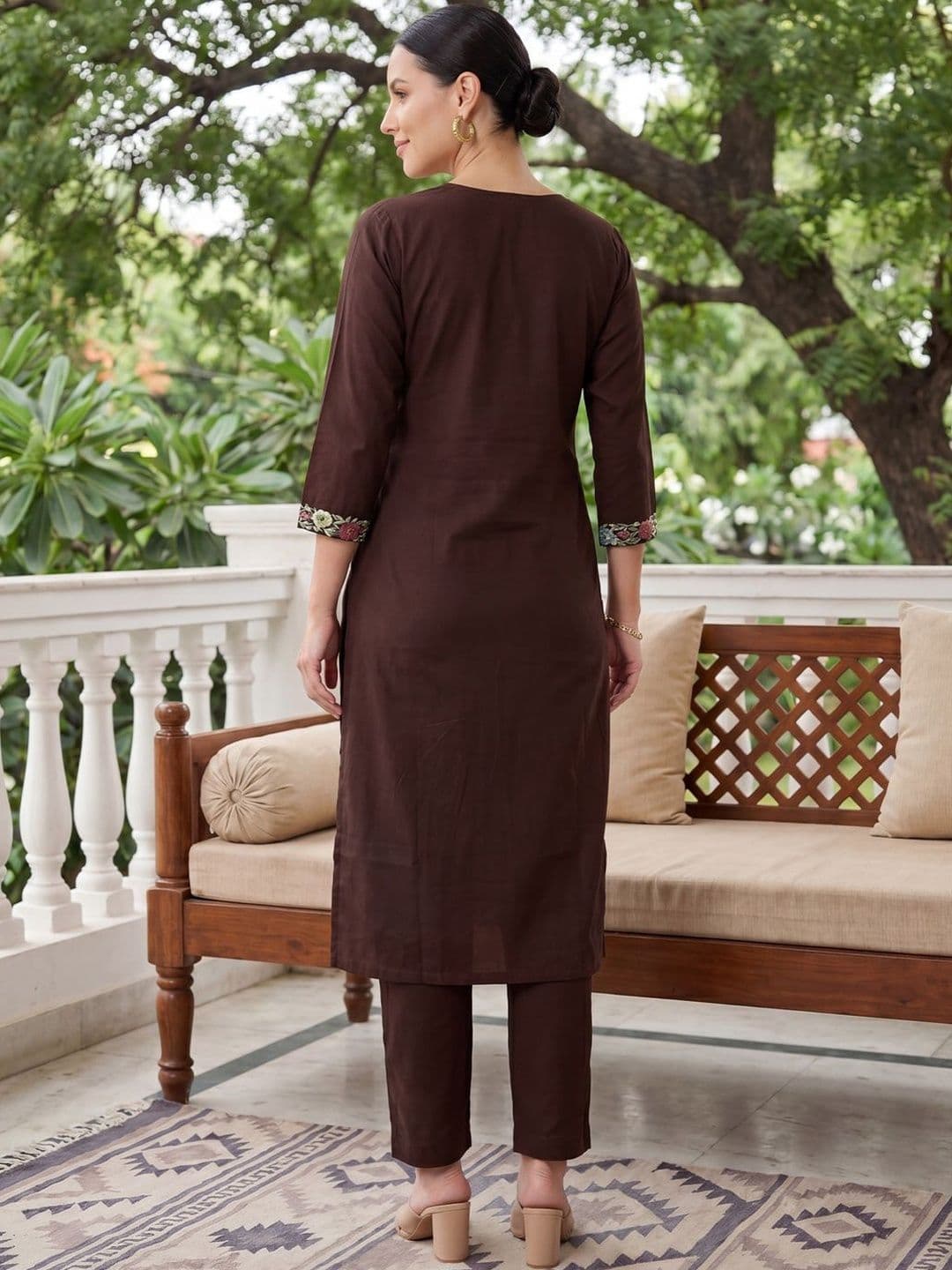 Indo Era Women Floral Embroidered Regular Thread Work Pure Cotton Kurta with Trousers & With Dupatta thumbnail 5
