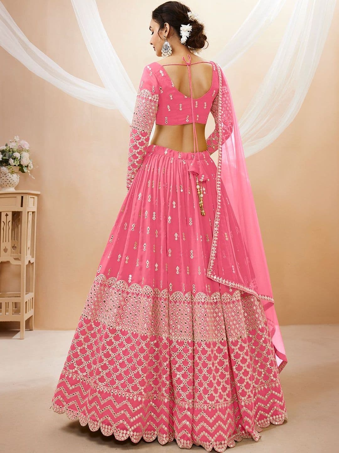ETHNIC PLUS Embroidered Pink Embellished Mirror Work Semi-Stitched Lehenga & Blouse With Dupatta thumbnail 7