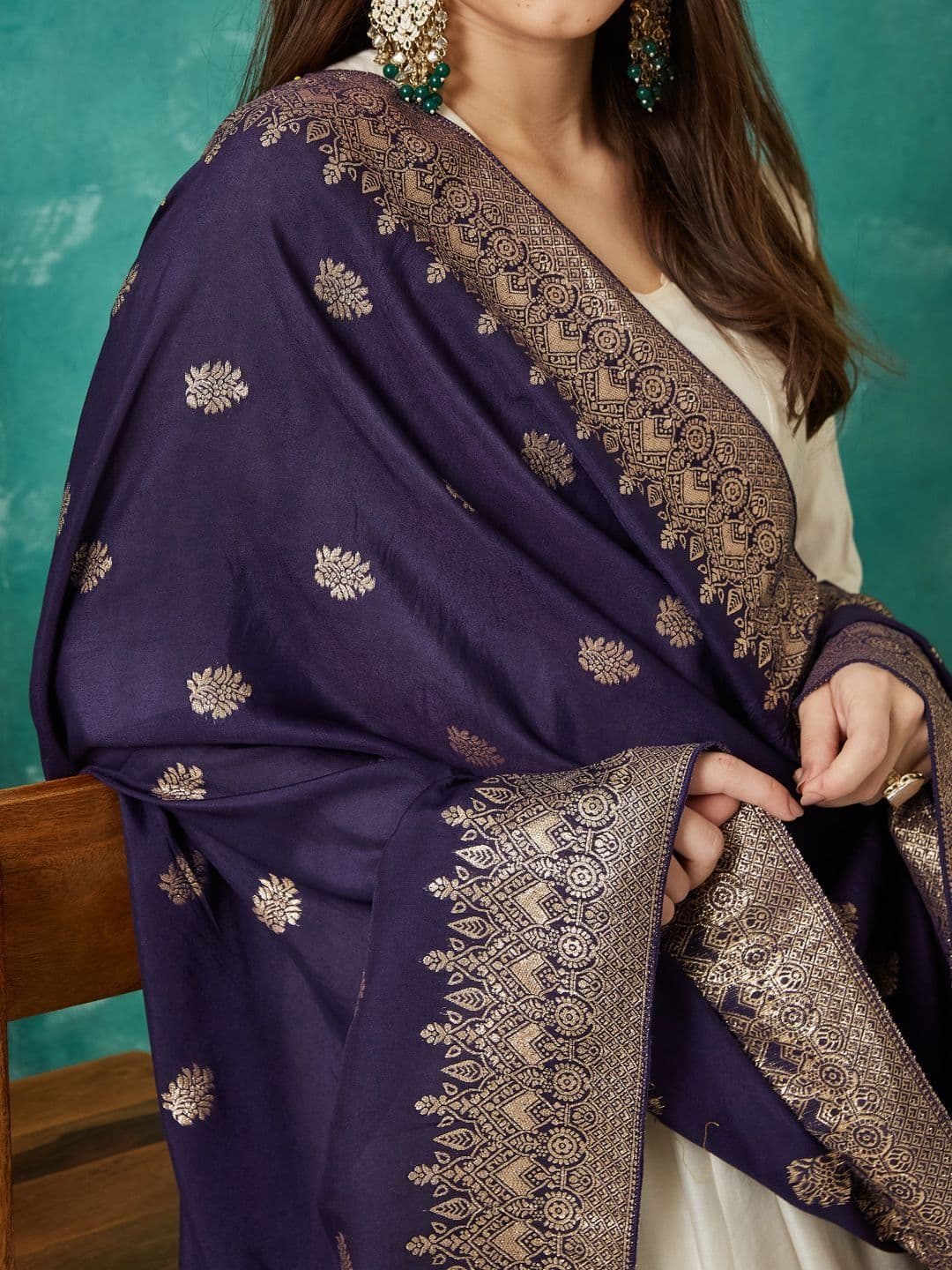 VASVI Ethnic Motifs Woven Design Cotton Silk Dupatta with Zari thumbnail 3