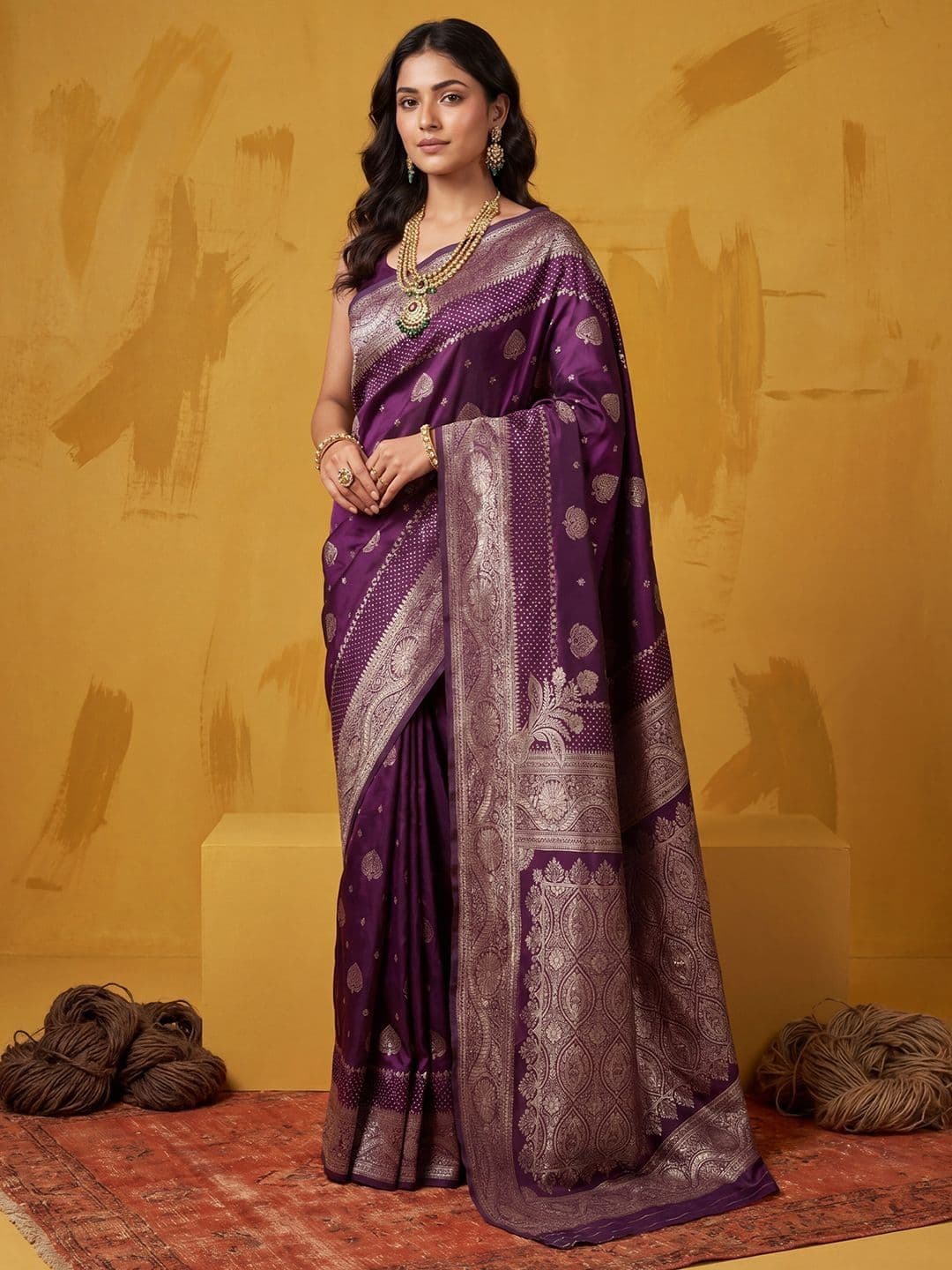 KALINI Purple Ethnic Motifs Zari Heavy Work Banarasi Saree Unstiched Blouse thumbnail 2