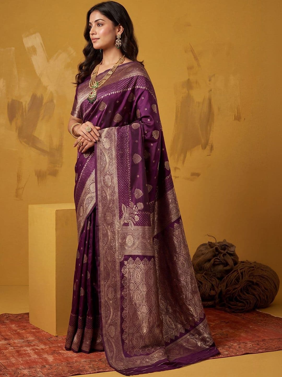 KALINI Purple Ethnic Motifs Zari Heavy Work Banarasi Saree Unstiched Blouse - view 1