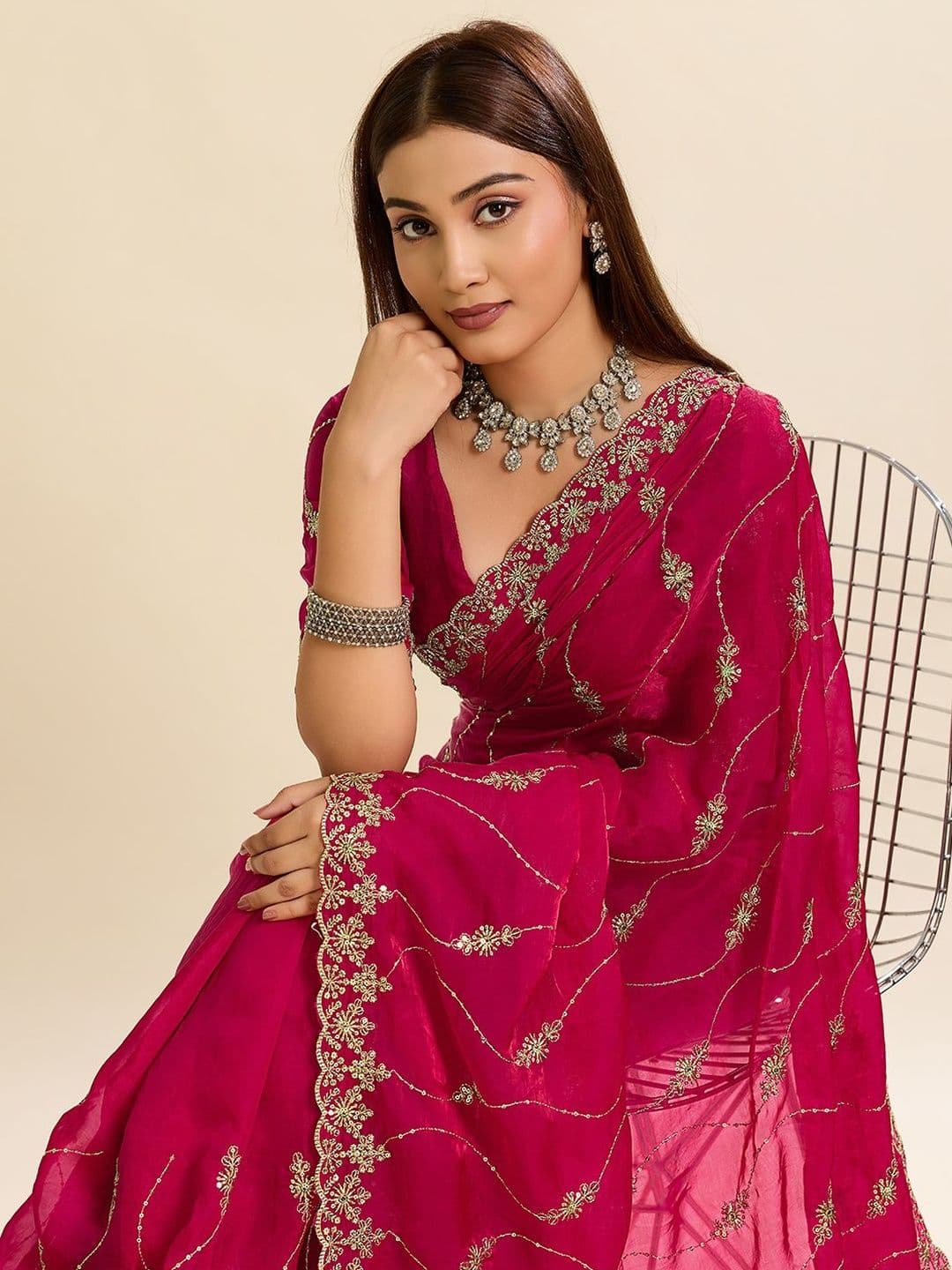Elite Fashion Embellished Embroidered Satin Heavy Work Saree thumbnail 4