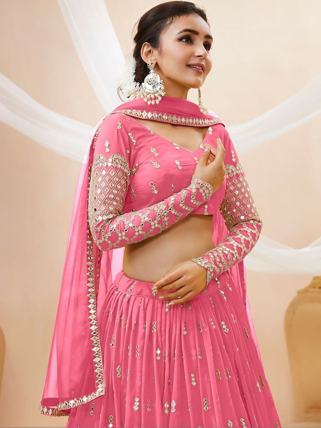 ETHNIC PLUS Embroidered Pink Embellished Mirror Work Semi-Stitched Lehenga & Blouse With Dupatta thumbnail 3