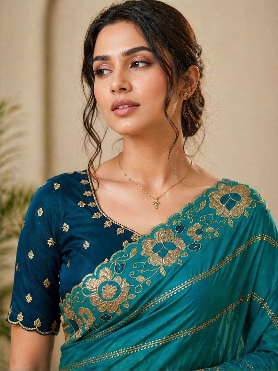 HERE&NOW Floral Embroidered Poly Georgette Designer Banarasi Saree thumbnail 6