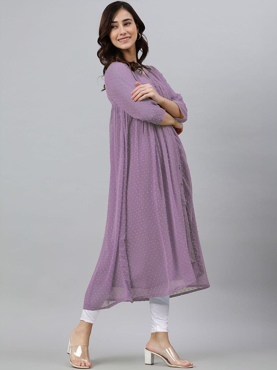 Janasya Women Lavender Dobby Chiffon Self Design Flared Kurta thumbnail 2