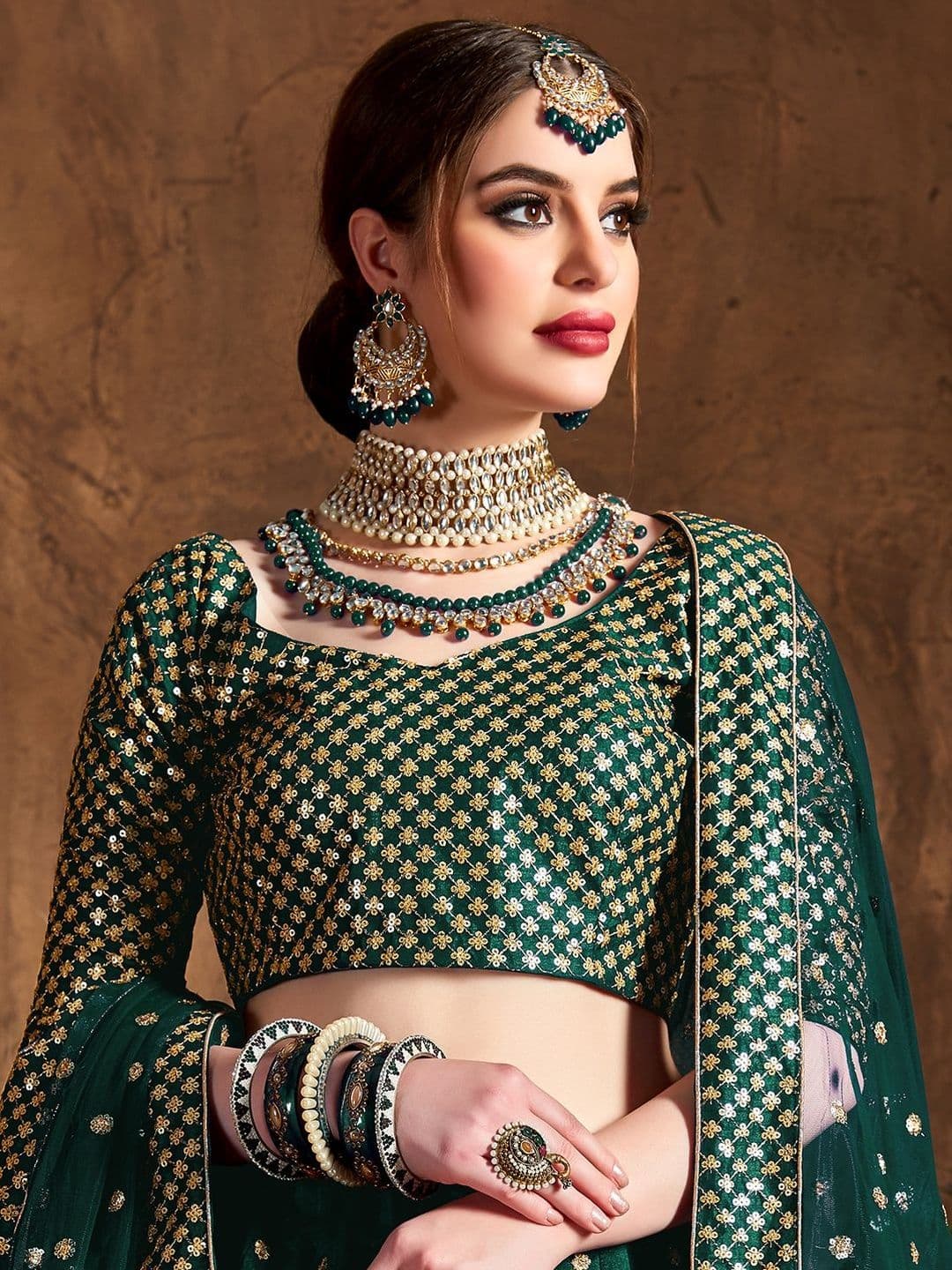 ETHNIC PLUS Green Embroidered Sequinned Semi-Stitched Silk Lehenga & Blouse With Dupatta thumbnail 7