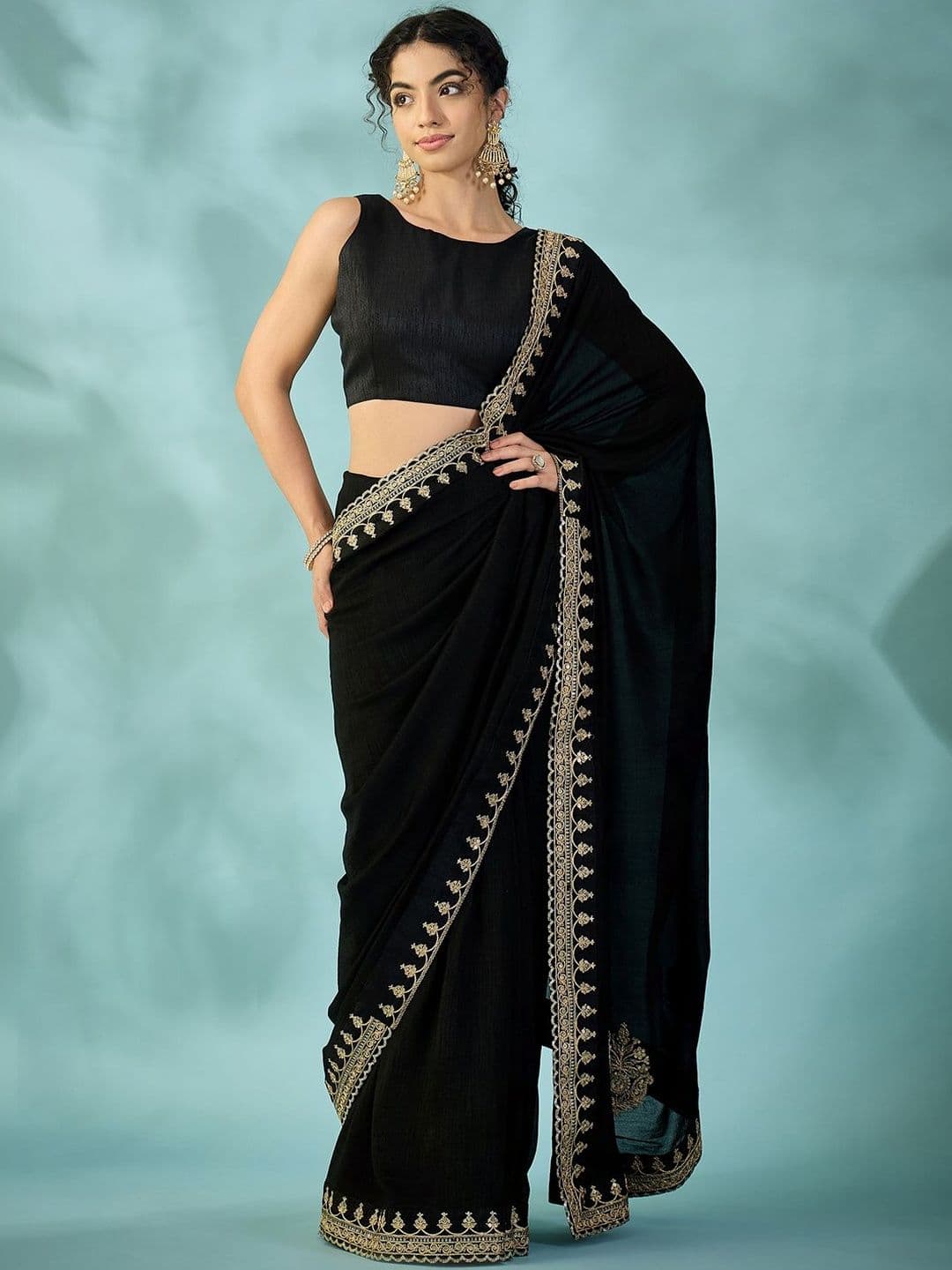 Saree mall Black Embellished Embroidered Heavy Work Sarees Unstiched Blouse - view 1